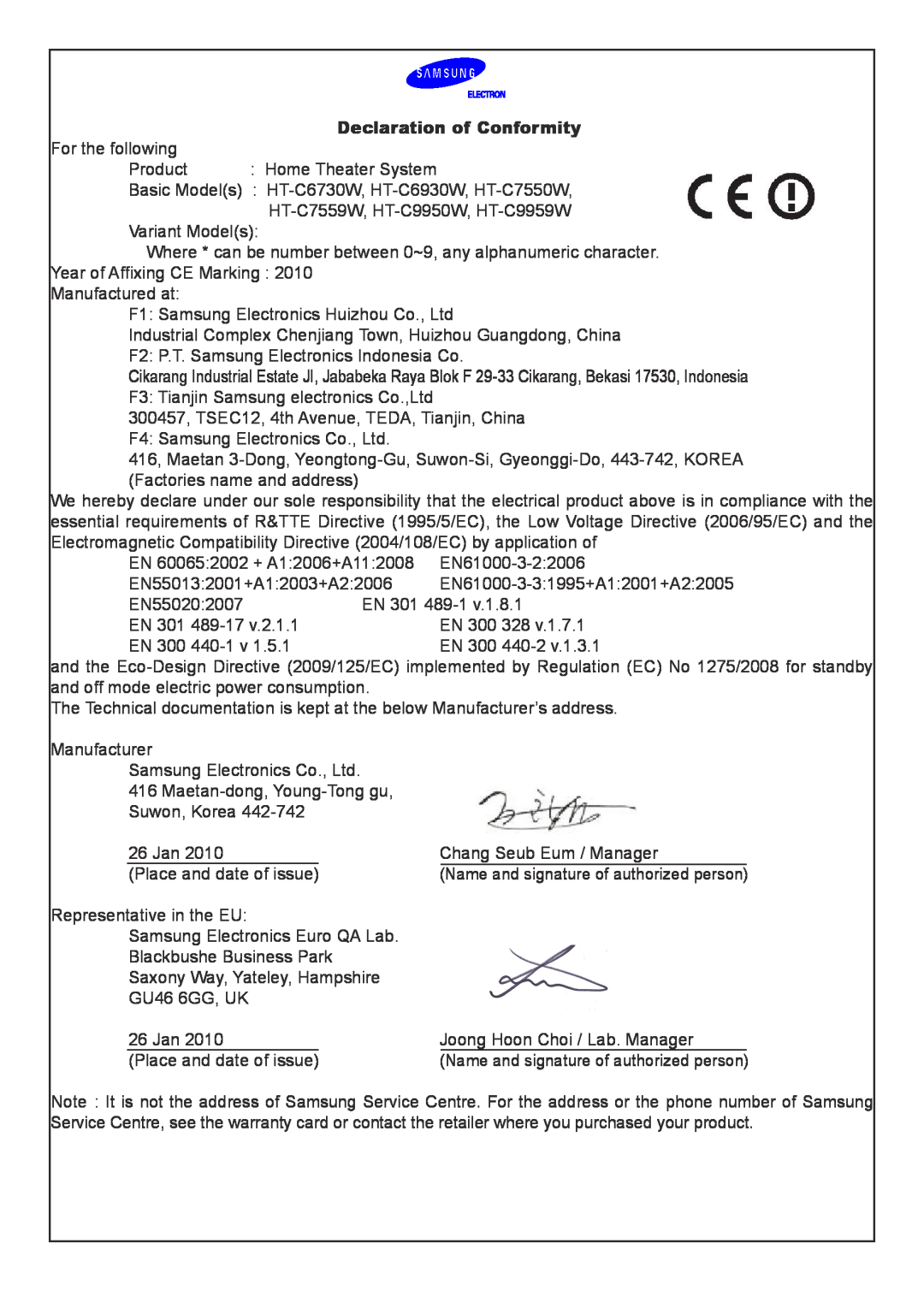 Samsung HT-C7559W/XEG, HT-C9950W/XEN, HT-C7550W/EDC, HT-C6930W/EDC, HT-C6930W/XEN manual Declaration of Conformity 