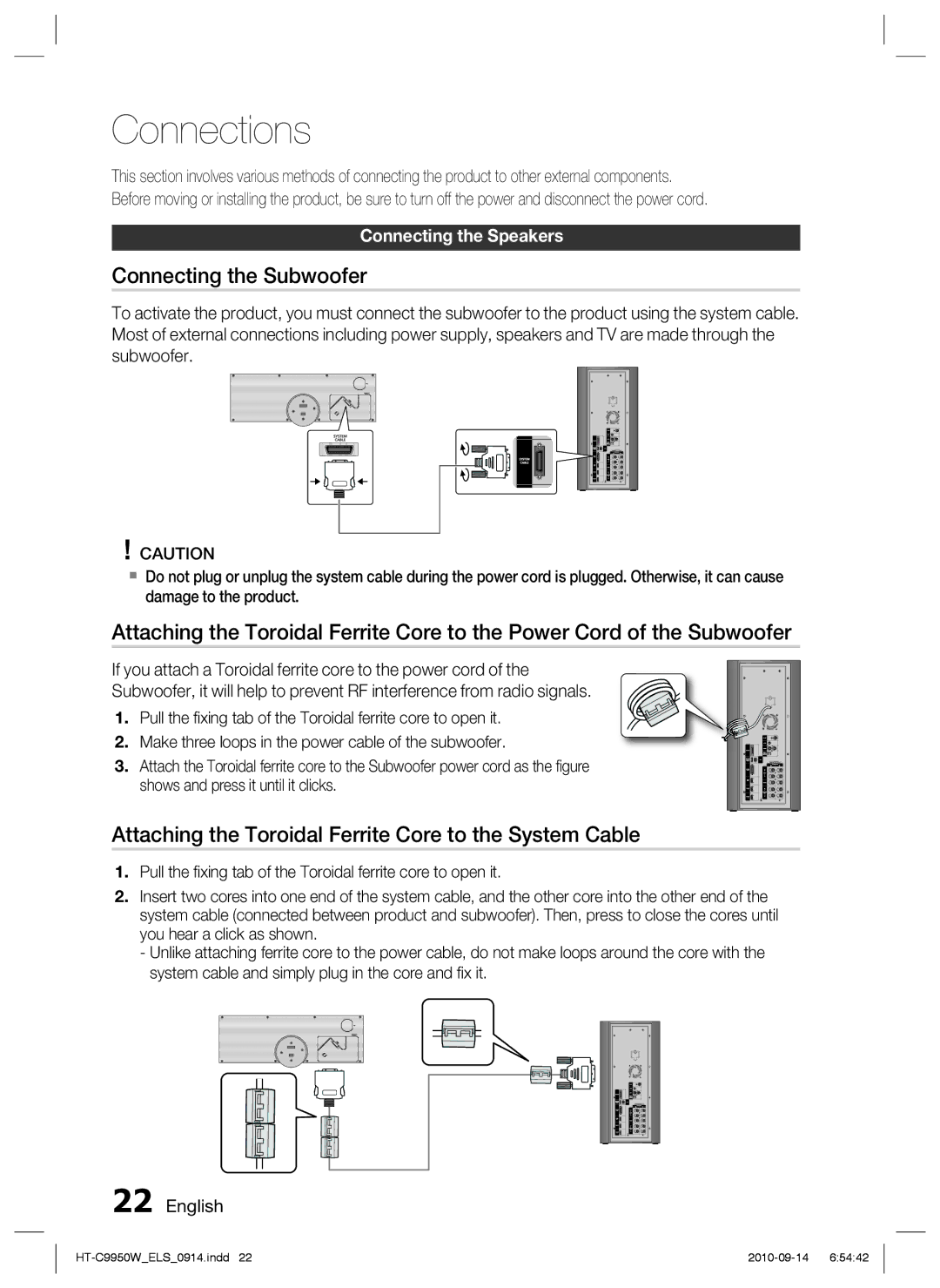 Samsung HT-C9950W/XEF manual Connections, Connecting the Subwoofer, Attaching the Toroidal Ferrite Core to the System Cable 