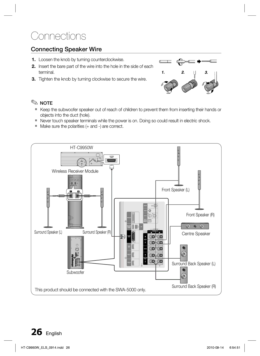 Samsung HT-C9959W/XEG, HT-C9950W/XEN, HT-C9950W/XEF, HT-C9950W/EDC, HT-C9950W/XEE manual Connecting Speaker Wire 