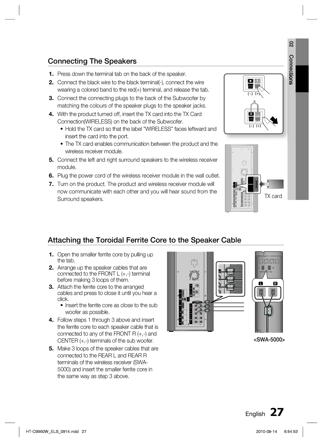 Samsung HT-C9950W/XEF Connecting The Speakers, Attaching the Toroidal Ferrite Core to the Speaker Cable, Surround speakers 