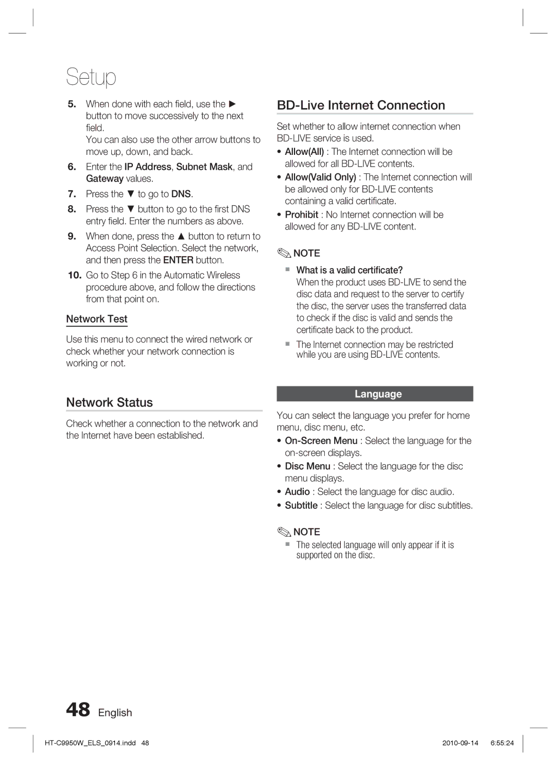 Samsung HT-C9950W/EDC, HT-C9950W/XEN, HT-C9959W/XEG BD-Live Internet Connection, Network Status, Network Test, Language 