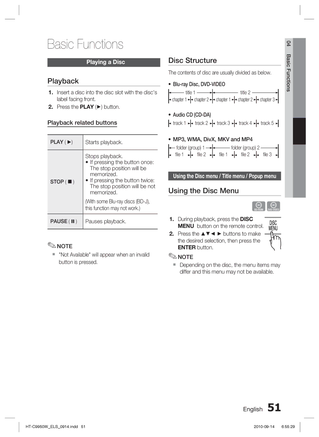 Samsung HT-C9959W/XEG, HT-C9950W/XEN, HT-C9950W/XEF manual Basic Functions, Playback, Disc Structure, Using the Disc Menu 