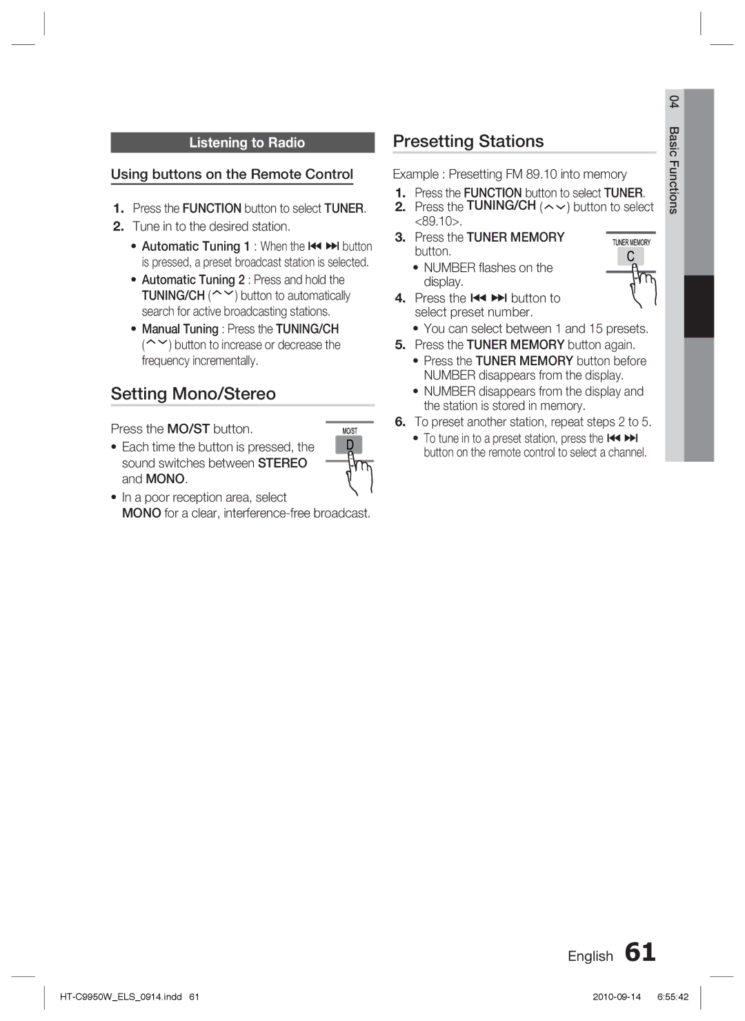 Samsung HT-C9959W/XEG Setting Mono/Stereo, Presetting Stations, Listening to Radio, Using buttons on the Remote Control 