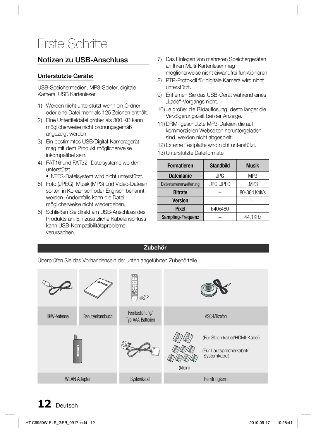 Samsung HT-C9950W/XEN, HT-C9959W/XEG manual Notizen zu USB-Anschluss, Unterstützte Geräte, Zubehör 