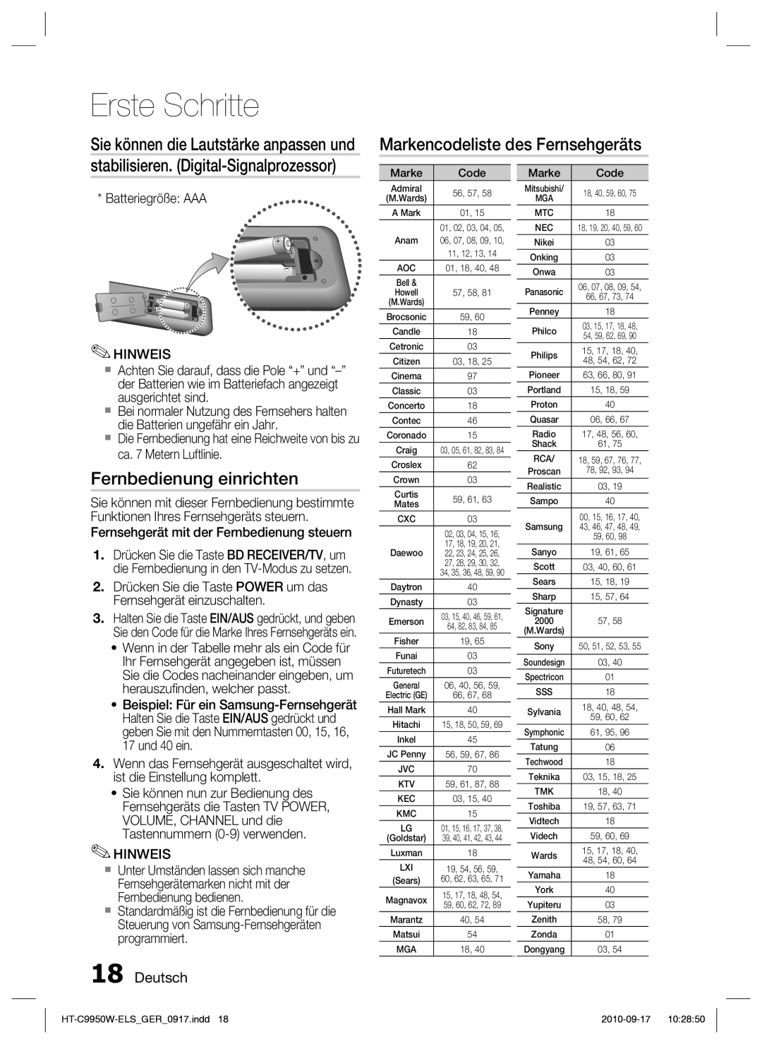 Samsung HT-C9950W/XEN manual Markencodeliste des Fernsehgeräts, Fernbedienung einrichten, Batteriegröße AAA, Marke Code 