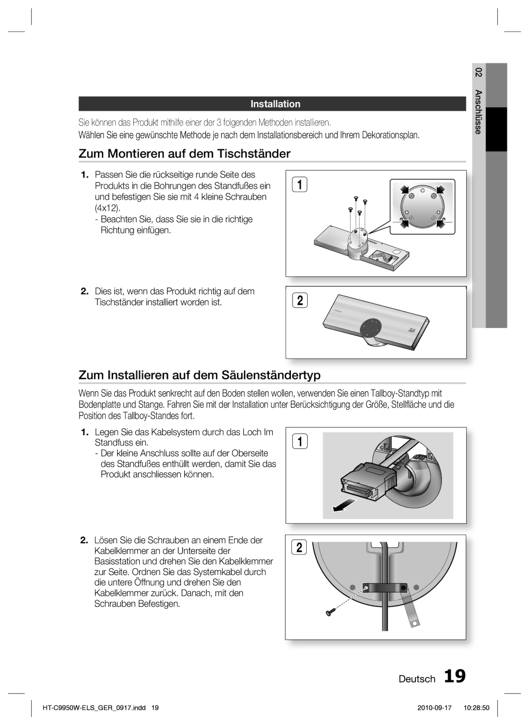 Samsung HT-C9959W/XEG manual Zum Montieren auf dem Tischständer, Zum Installieren auf dem Säulenständertyp, Installation 