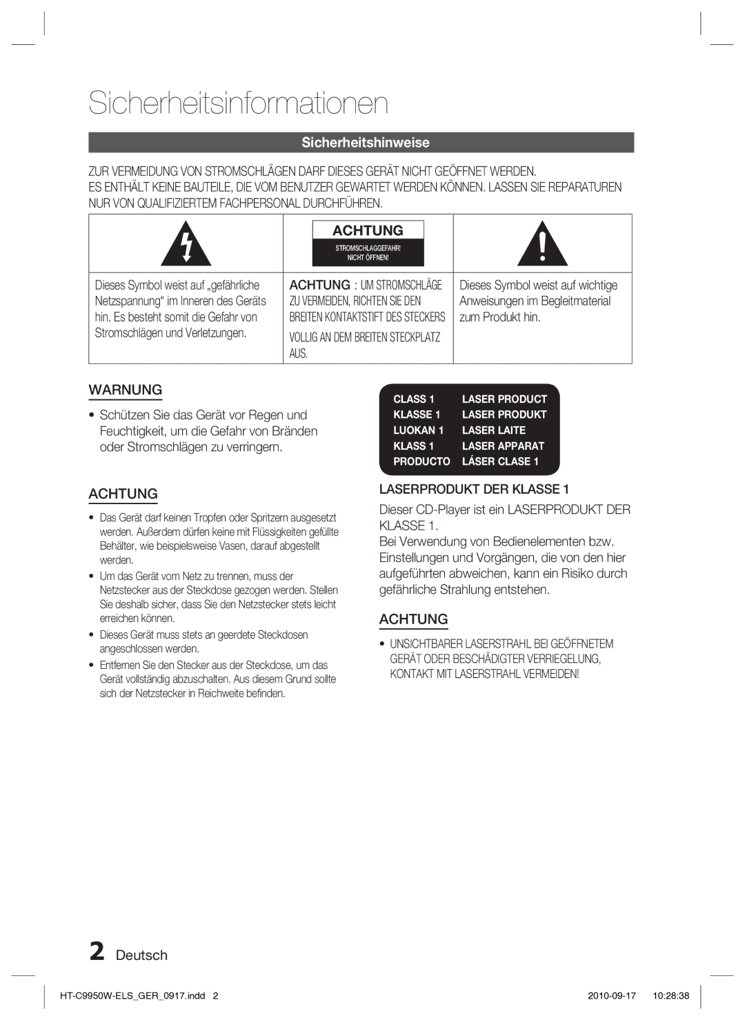 Samsung HT-C9950W/XEN, HT-C9959W/XEG Sicherheitsinformationen, Sicherheitshinweise, Deutsch, Aus, Laserprodukt DER Klasse 