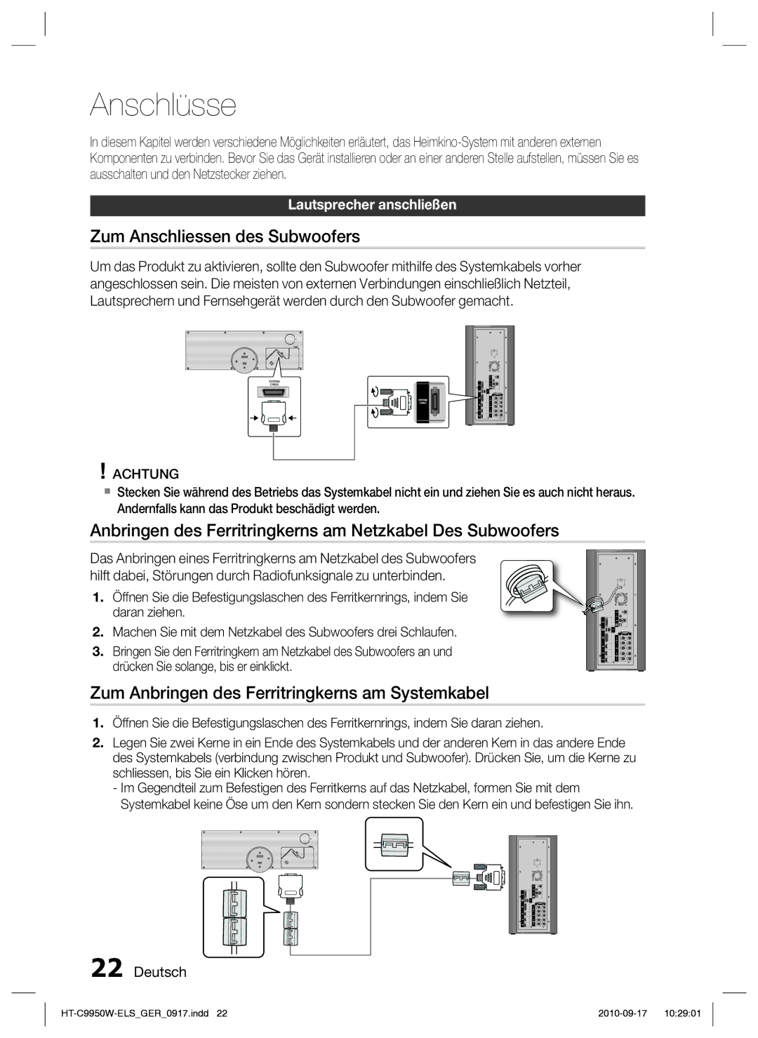 Samsung HT-C9950W/XEN manual Zum Anschliessen des Subwoofers, Anbringen des Ferritringkerns am Netzkabel Des Subwoofers 