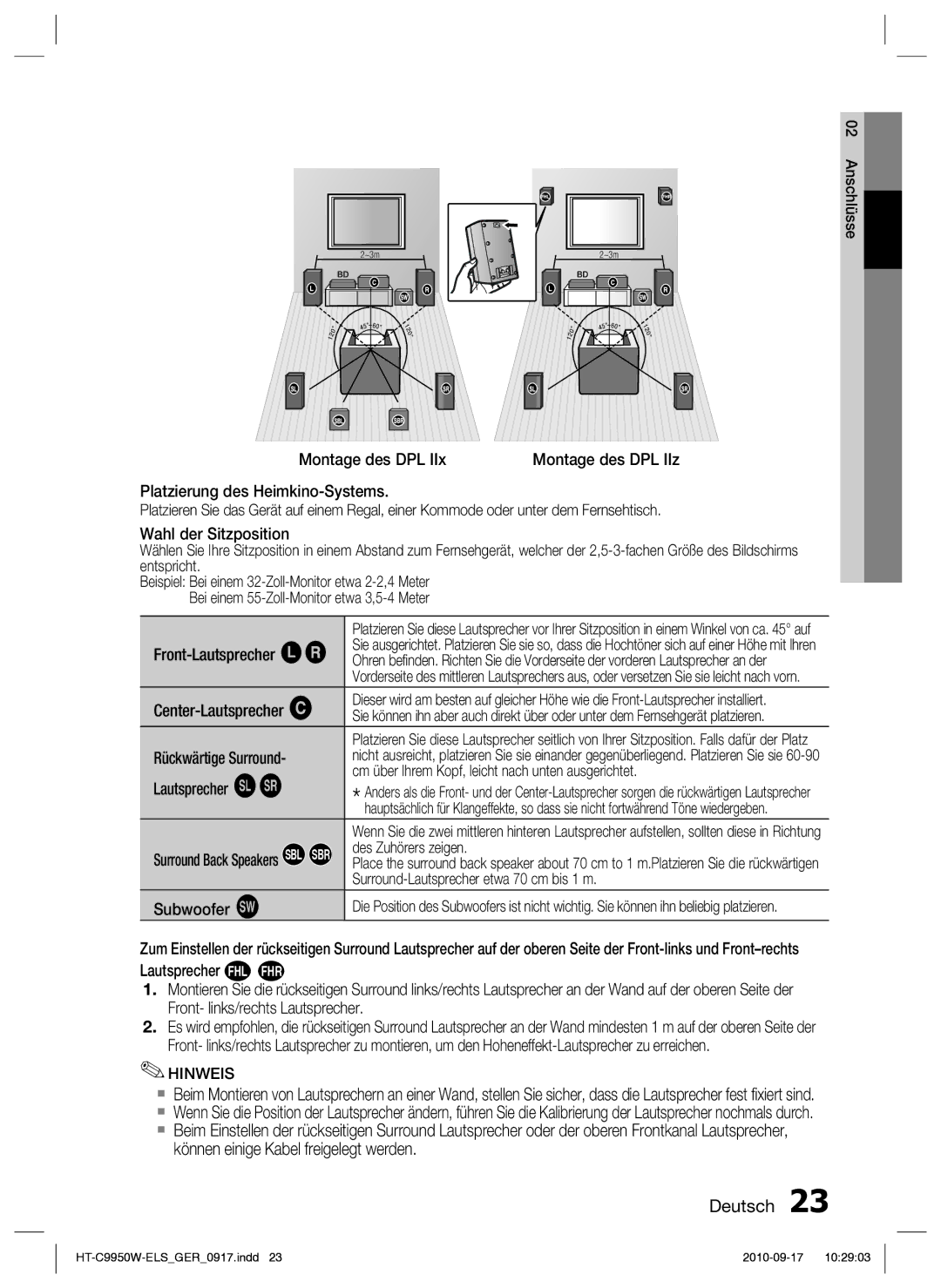 Samsung HT-C9959W/XEG Front-Lautsprecher ei, Center-Lautsprecher f, Rückwärtige Surround, Des Zuhörers zeigen, Subwoofer g 