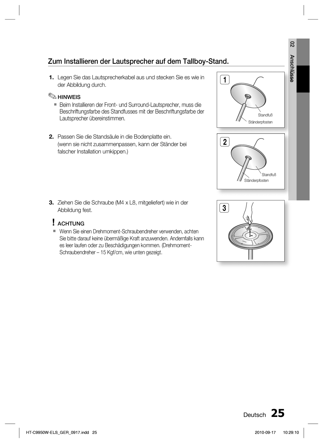 Samsung HT-C9959W/XEG, HT-C9950W/XEN manual Zum Installieren der Lautsprecher auf dem Tallboy-Stand, Anschlüsse 