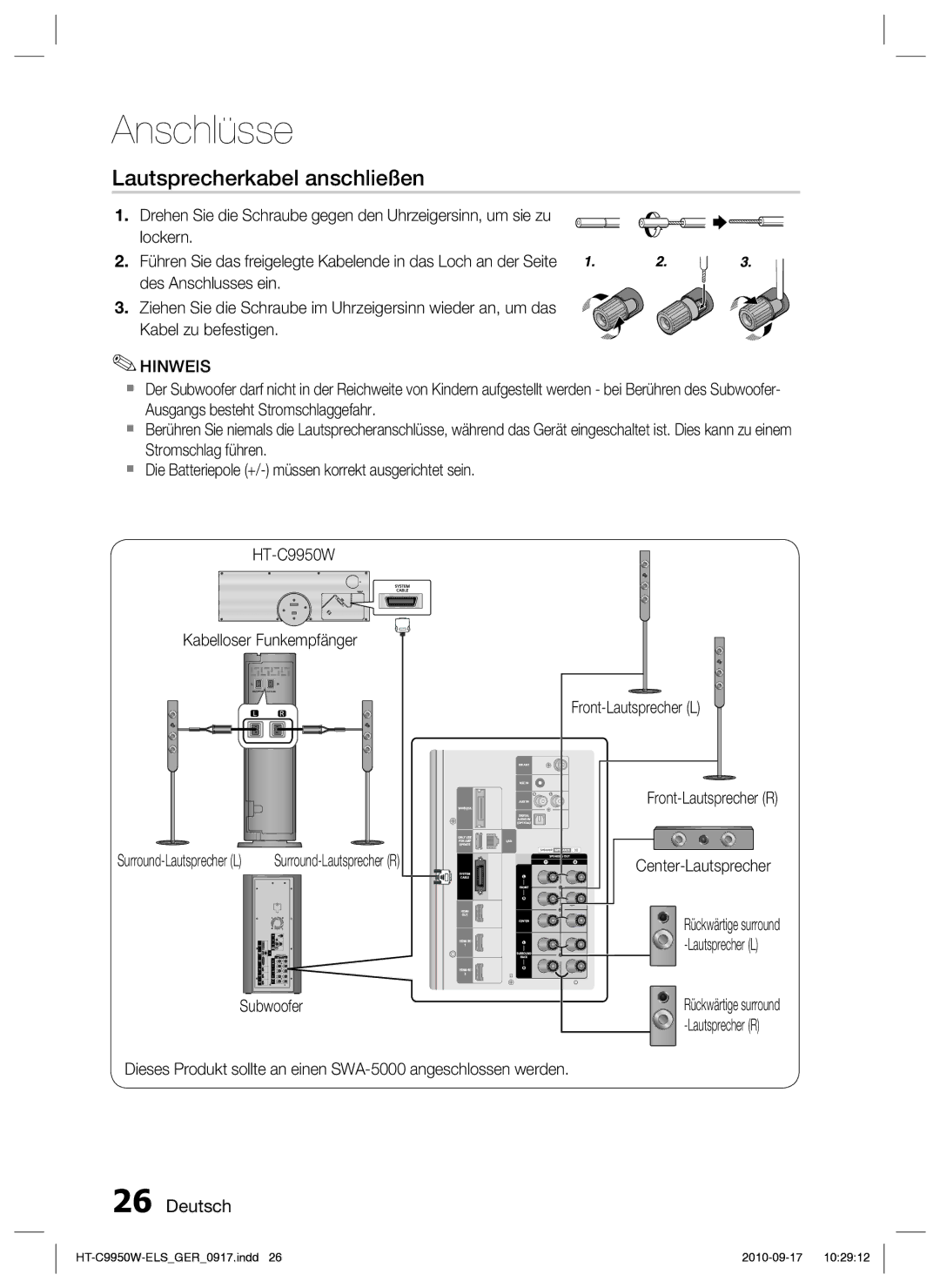 Samsung HT-C9950W/XEN, HT-C9959W/XEG manual Lautsprecherkabel anschließen, Subwoofer Front-Lautsprecher L 