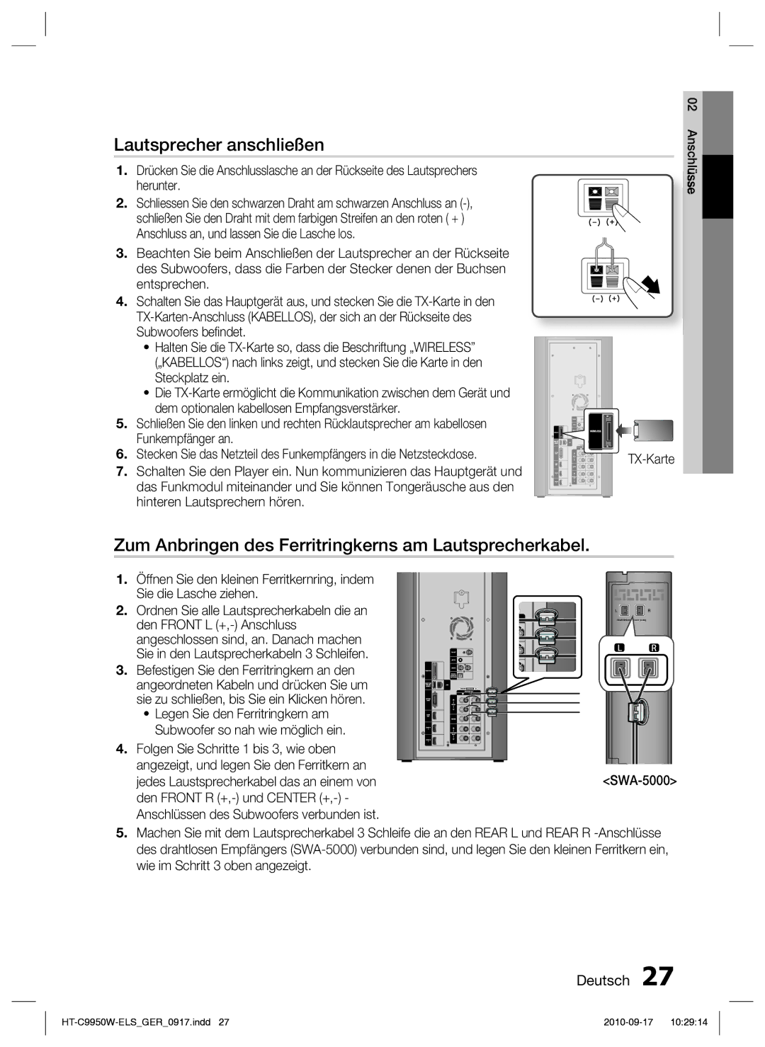 Samsung HT-C9959W/XEG, HT-C9950W/XEN manual Lautsprecher anschließen, Zum Anbringen des Ferritringkerns am Lautsprecherkabel 