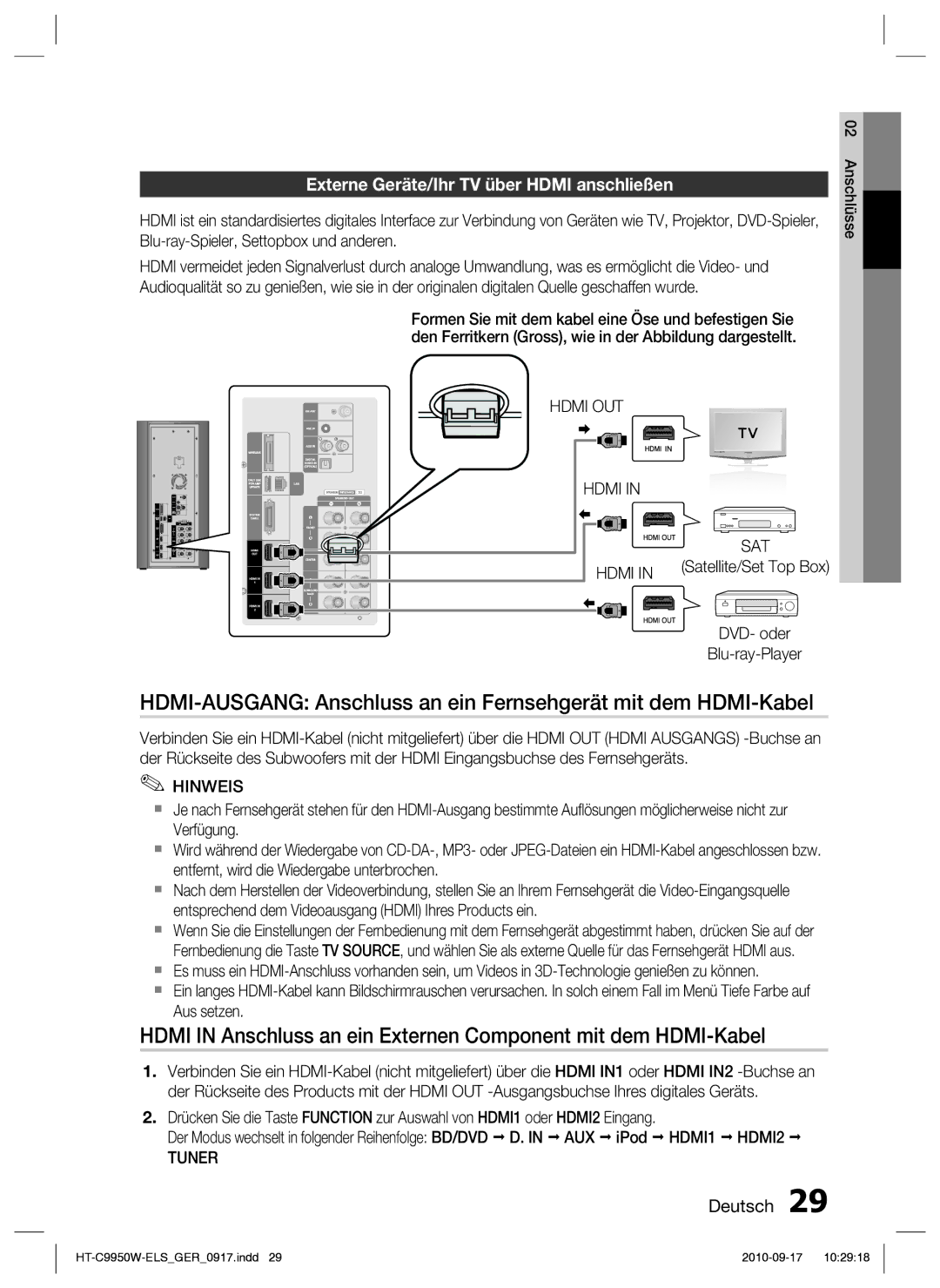 Samsung HT-C9959W/XEG, HT-C9950W/XEN manual Externe Geräte/Ihr TV über Hdmi anschließen, Hdmi OUT, Tuner 