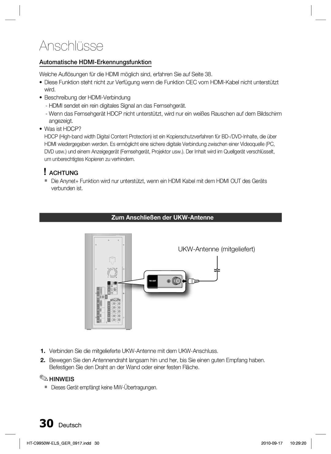 Samsung HT-C9950W/XEN UKW-Antenne mitgeliefert, Automatische HDMI-Erkennungsfunktion, Zum Anschließen der UKW-Antenne 