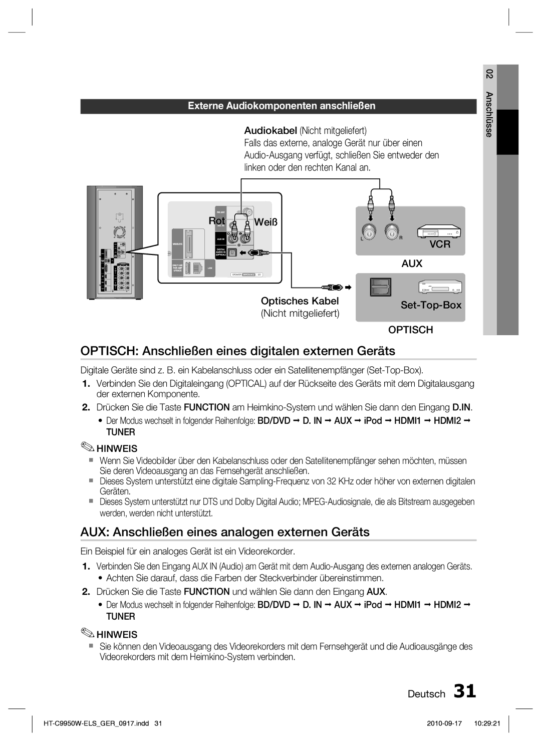 Samsung HT-C9959W/XEG Optisch Anschließen eines digitalen externen Geräts, AUX Anschließen eines analogen externen Geräts 