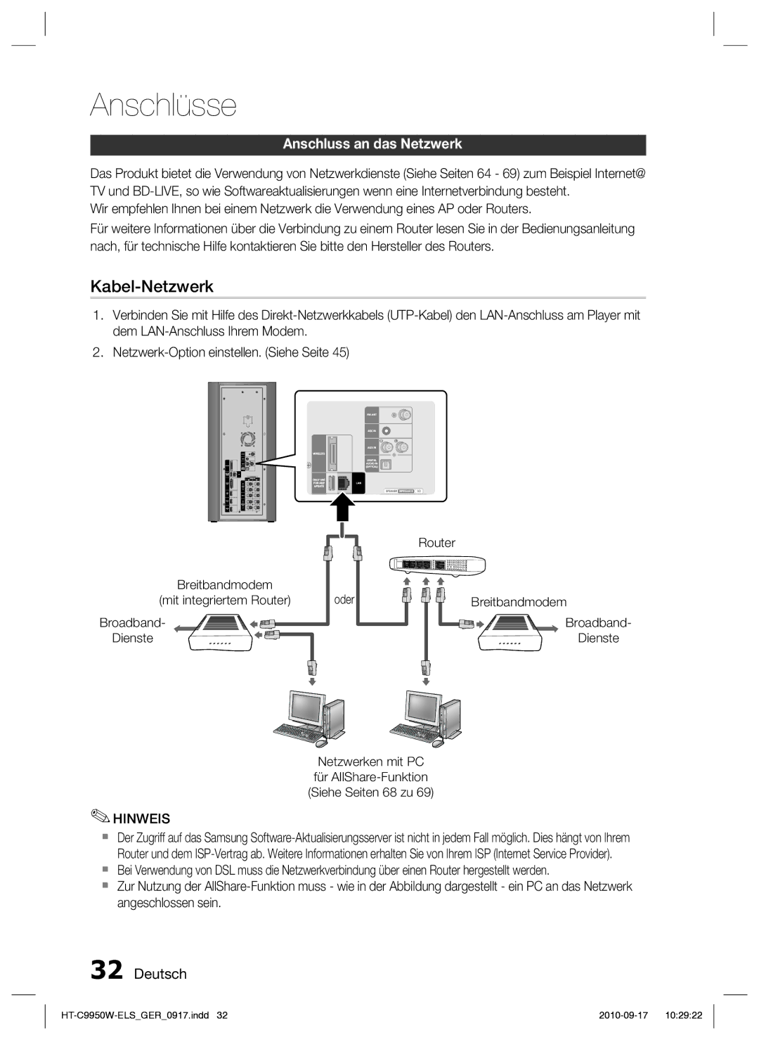 Samsung HT-C9950W/XEN, HT-C9959W/XEG manual Anschluss an das Netzwerk, Router Breitbandmodem Broadband Dienste, Oder 