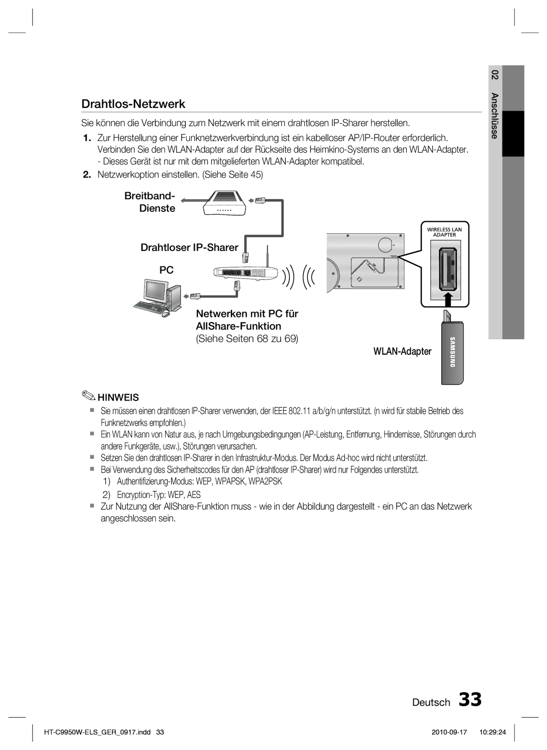 Samsung HT-C9959W/XEG manual Breitband Dienste Drahtloser IP-Sharer, WLAN-Adapter, Netzwerkoption einstellen. Siehe Seite 