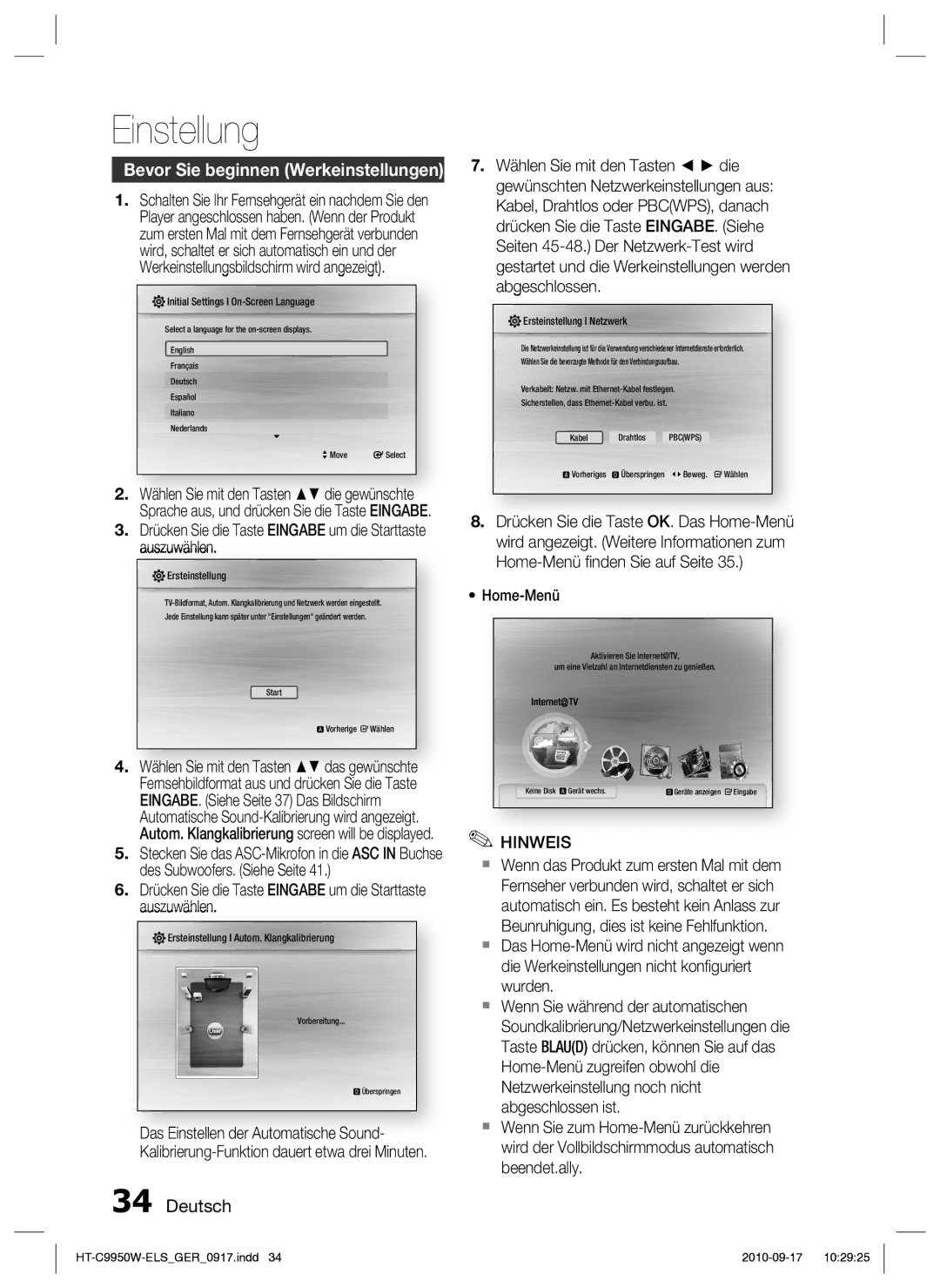 Samsung HT-C9950W/XEN, HT-C9959W/XEG manual Einstellung, Bevor Sie beginnen Werkeinstellungen, Home-Menü 