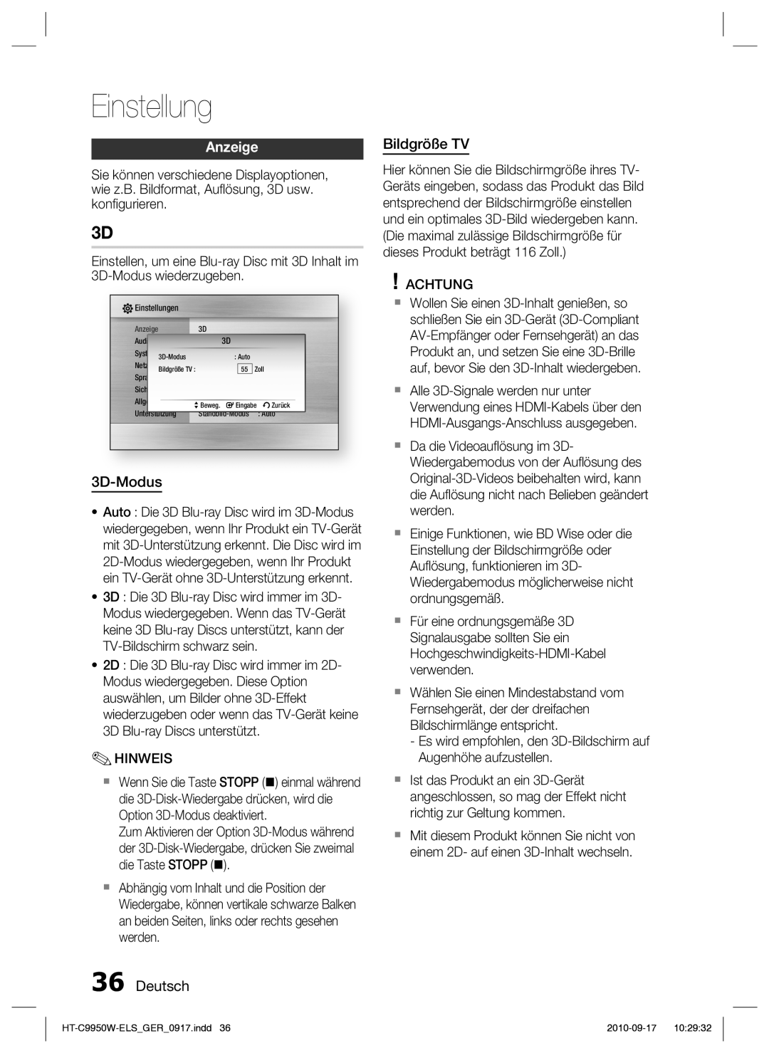 Samsung HT-C9950W/XEN, HT-C9959W/XEG manual Anzeige, 3D-Modus, Deutsch Bildgröße TV 