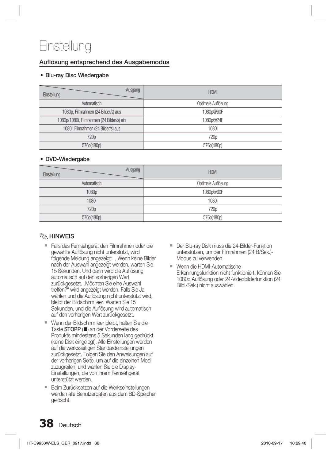 Samsung HT-C9950W/XEN, HT-C9959W/XEG manual Auﬂösung entsprechend des Ausgabemodus, Blu-ray Disc Wiedergabe Einstellung 