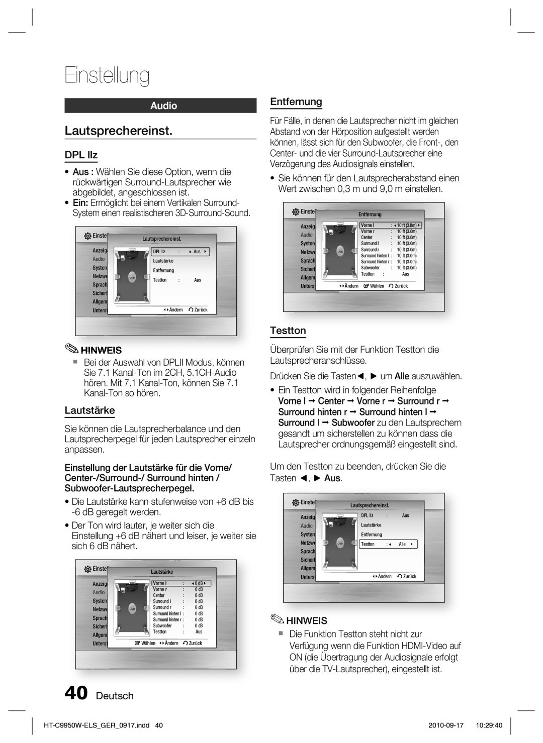 Samsung HT-C9950W/XEN, HT-C9959W/XEG manual Lautsprechereinst, Audio 