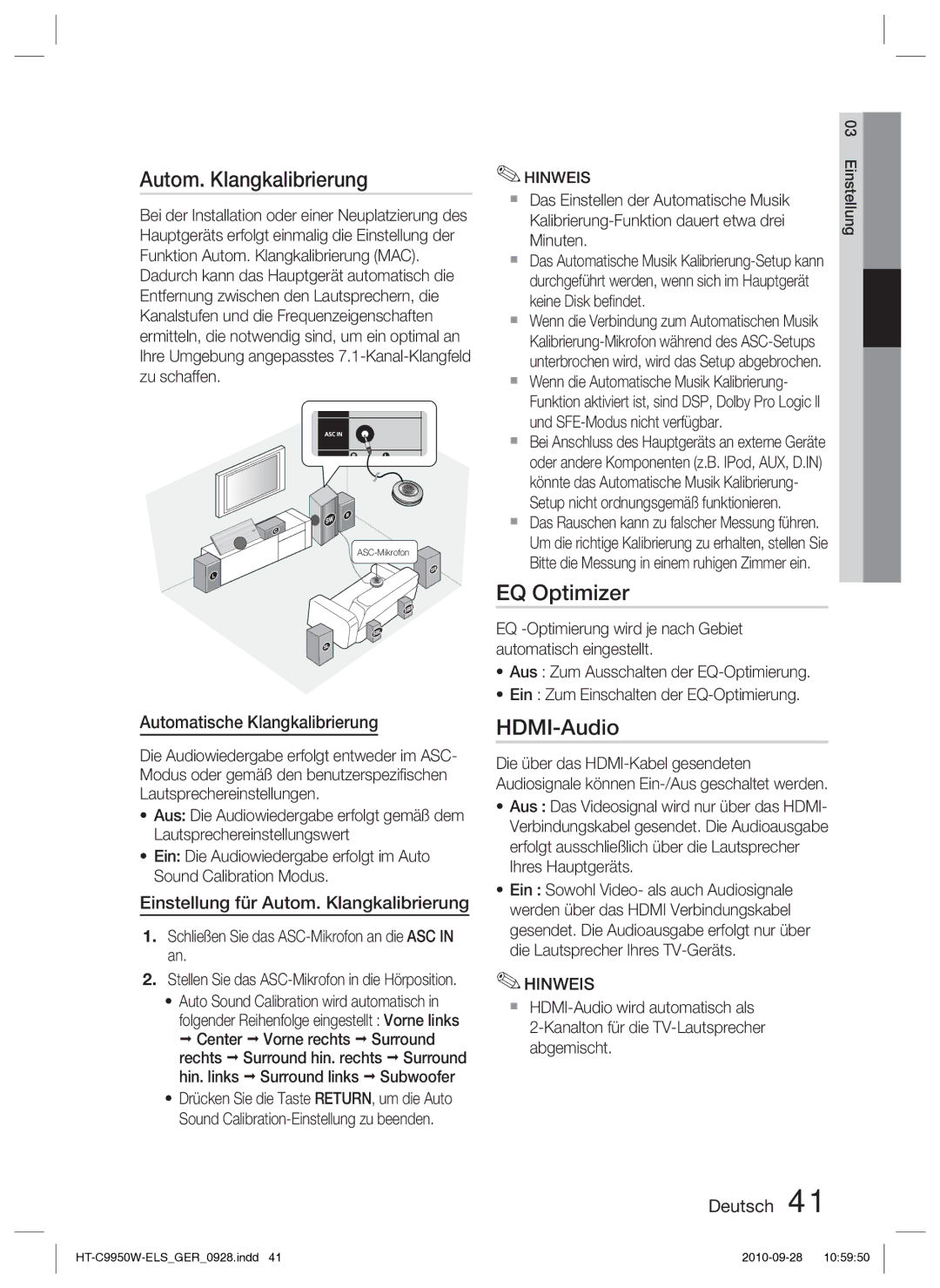 Samsung HT-C9959W/XEG, HT-C9950W/XEN manual Autom. Klangkalibrierung 