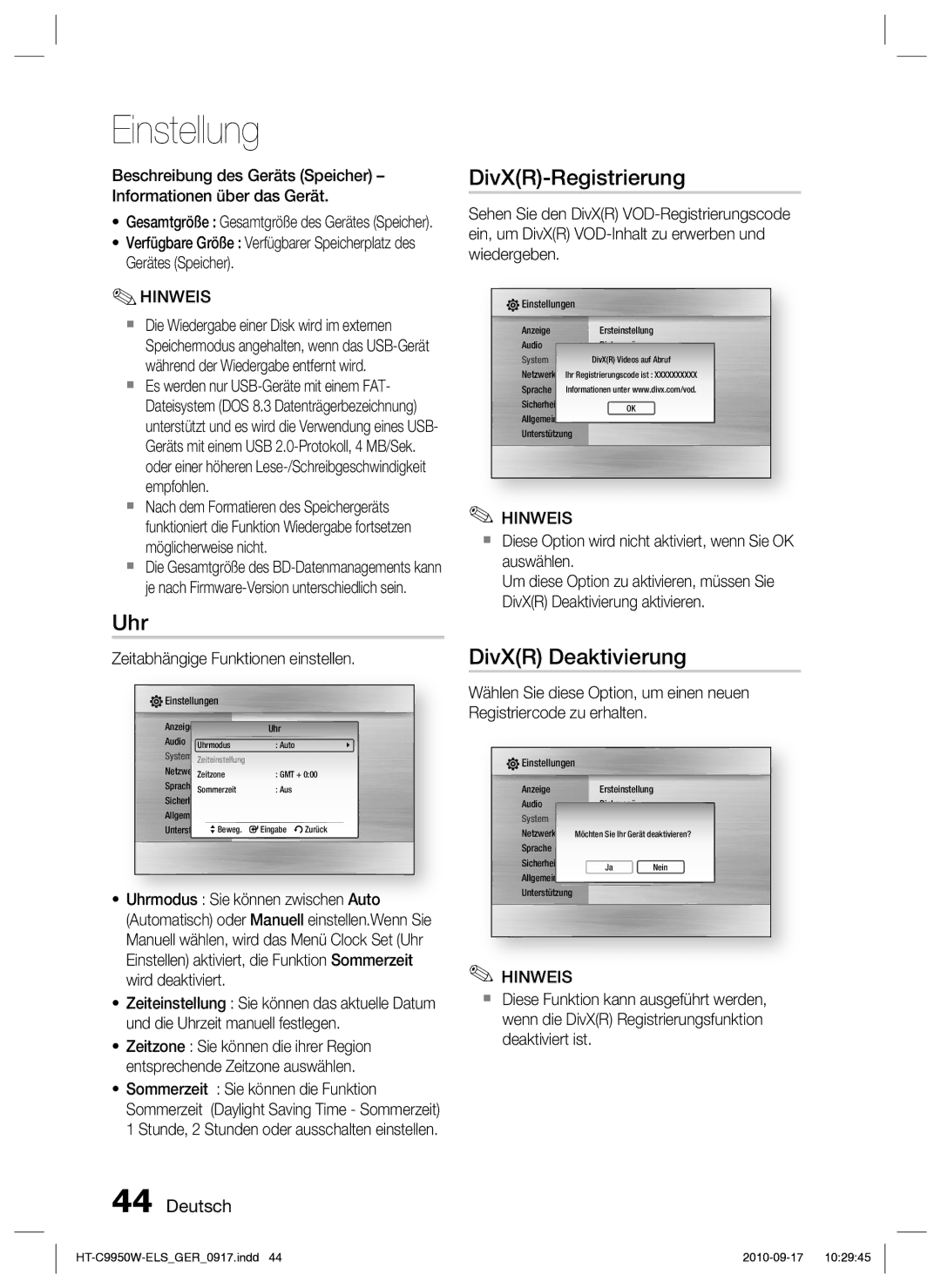 Samsung HT-C9950W/XEN, HT-C9959W/XEG Uhr, DivXR-Registrierung, DivXR Deaktivierung, Zeitabhängige Funktionen einstellen 