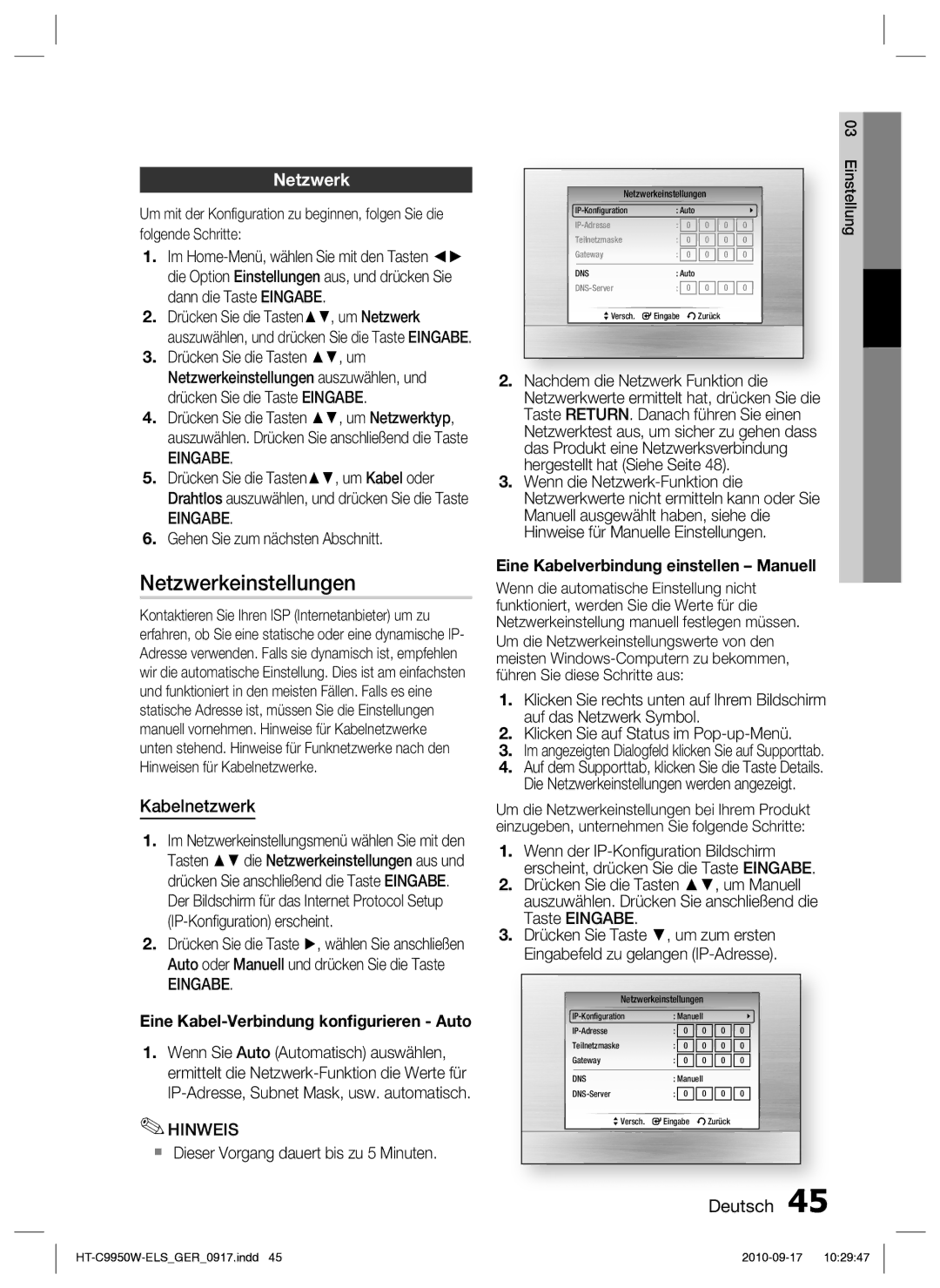 Samsung HT-C9959W/XEG, HT-C9950W/XEN manual Netzwerkeinstellungen, Kabelnetzwerk, Gehen Sie zum nächsten Abschnitt 