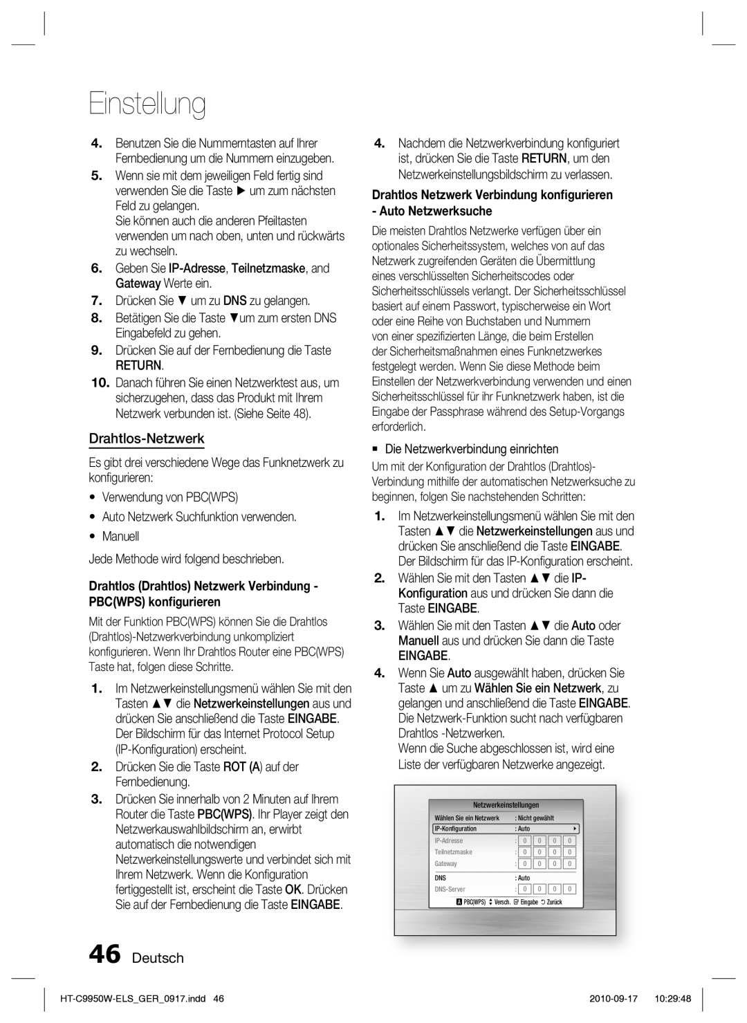 Samsung HT-C9950W/XEN, HT-C9959W/XEG manual Drahtlos-Netzwerk, Return,  Die Netzwerkverbindung einrichten 