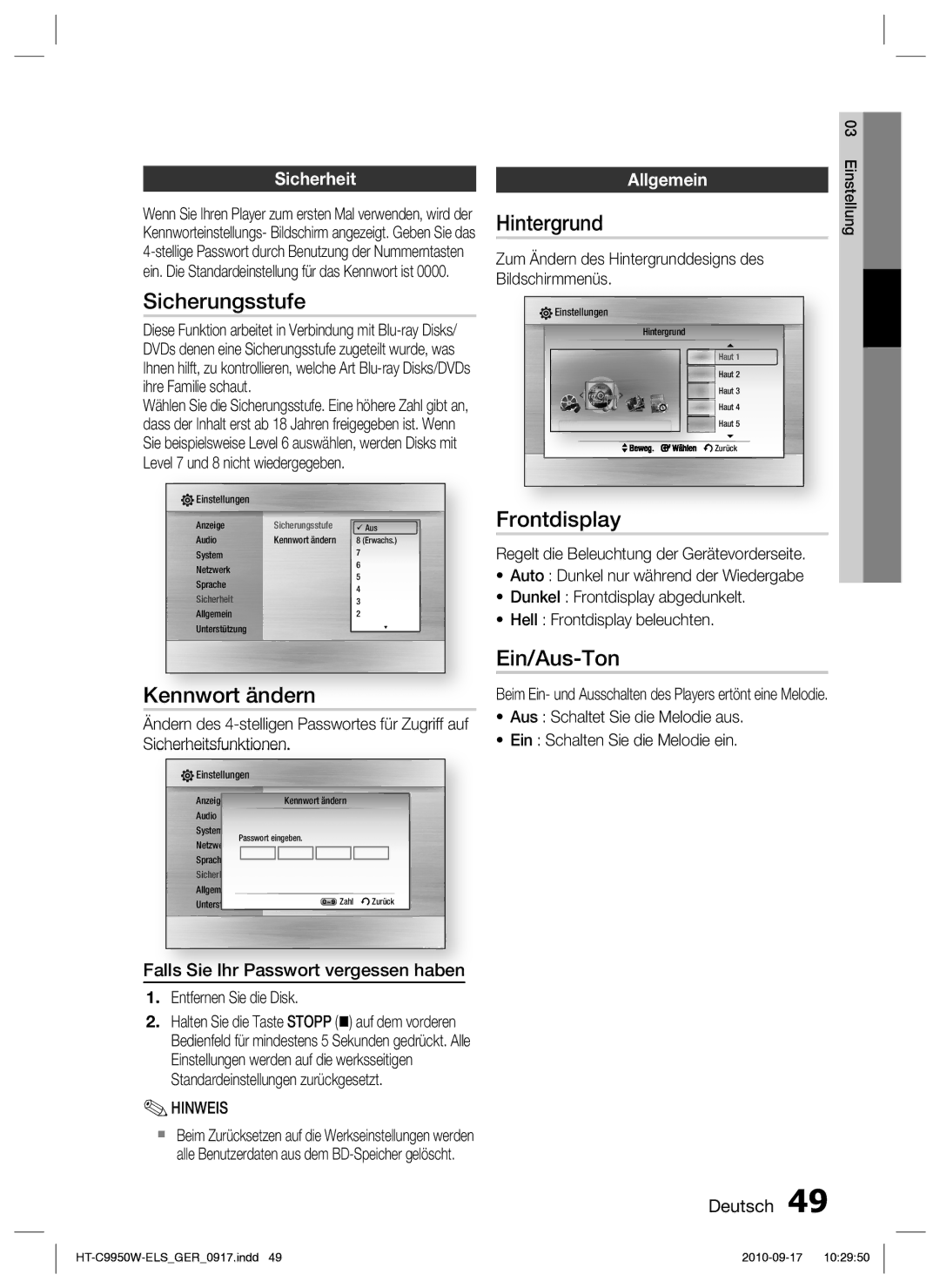 Samsung HT-C9959W/XEG, HT-C9950W/XEN manual Sicherungsstufe, Kennwort ändern, Hintergrund, Frontdisplay, Ein/Aus-Ton 