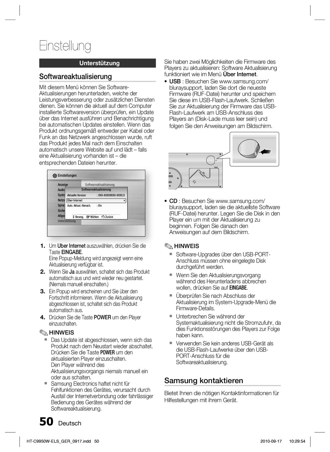 Samsung HT-C9950W/XEN, HT-C9959W/XEG manual Softwareaktualisierung, Samsung kontaktieren, Unterstützung 