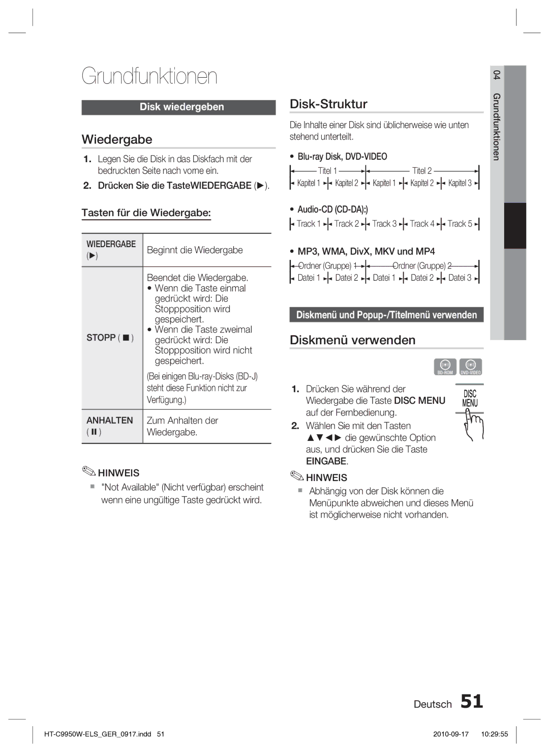 Samsung HT-C9959W/XEG, HT-C9950W/XEN manual Grundfunktionen, Wiedergabe, Disk-Struktur, Diskmenü verwenden 