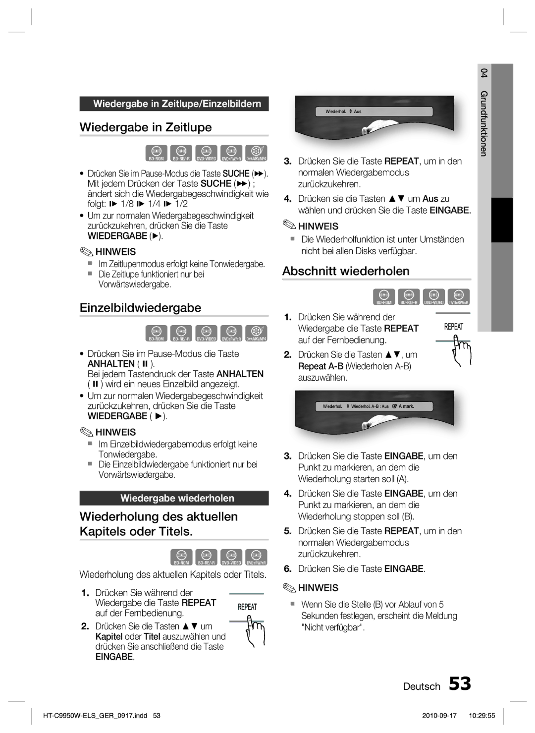 Samsung HT-C9959W/XEG manual Wiedergabe in Zeitlupe, Einzelbildwiedergabe, Wiederholung des aktuellen Kapitels oder Titels 