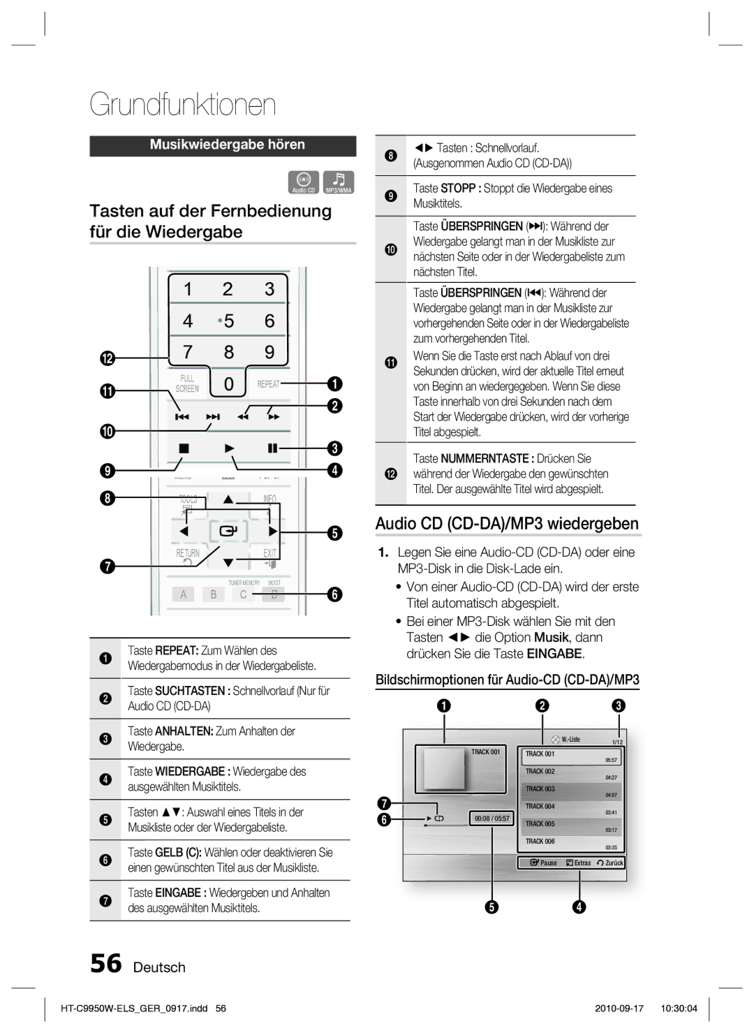 Samsung HT-C9950W/XEN, HT-C9959W/XEG manual Tasten auf der Fernbedienung für die Wiedergabe, Audio CD CD-DA/MP3 wiedergeben 