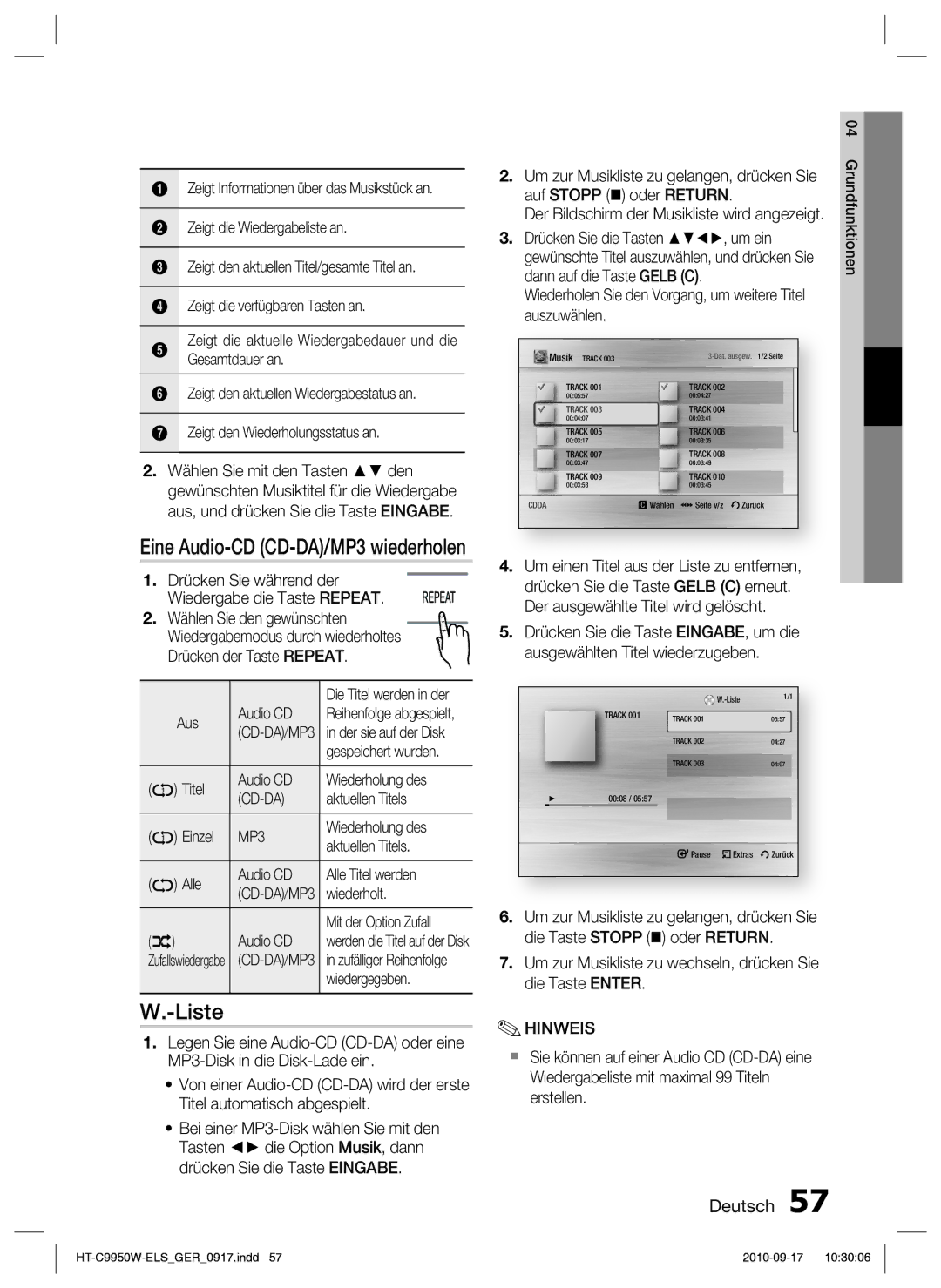 Samsung HT-C9959W/XEG, HT-C9950W/XEN manual Liste, Eine Audio-CD CD-DA/MP3 wiederholen, Cd-Da 