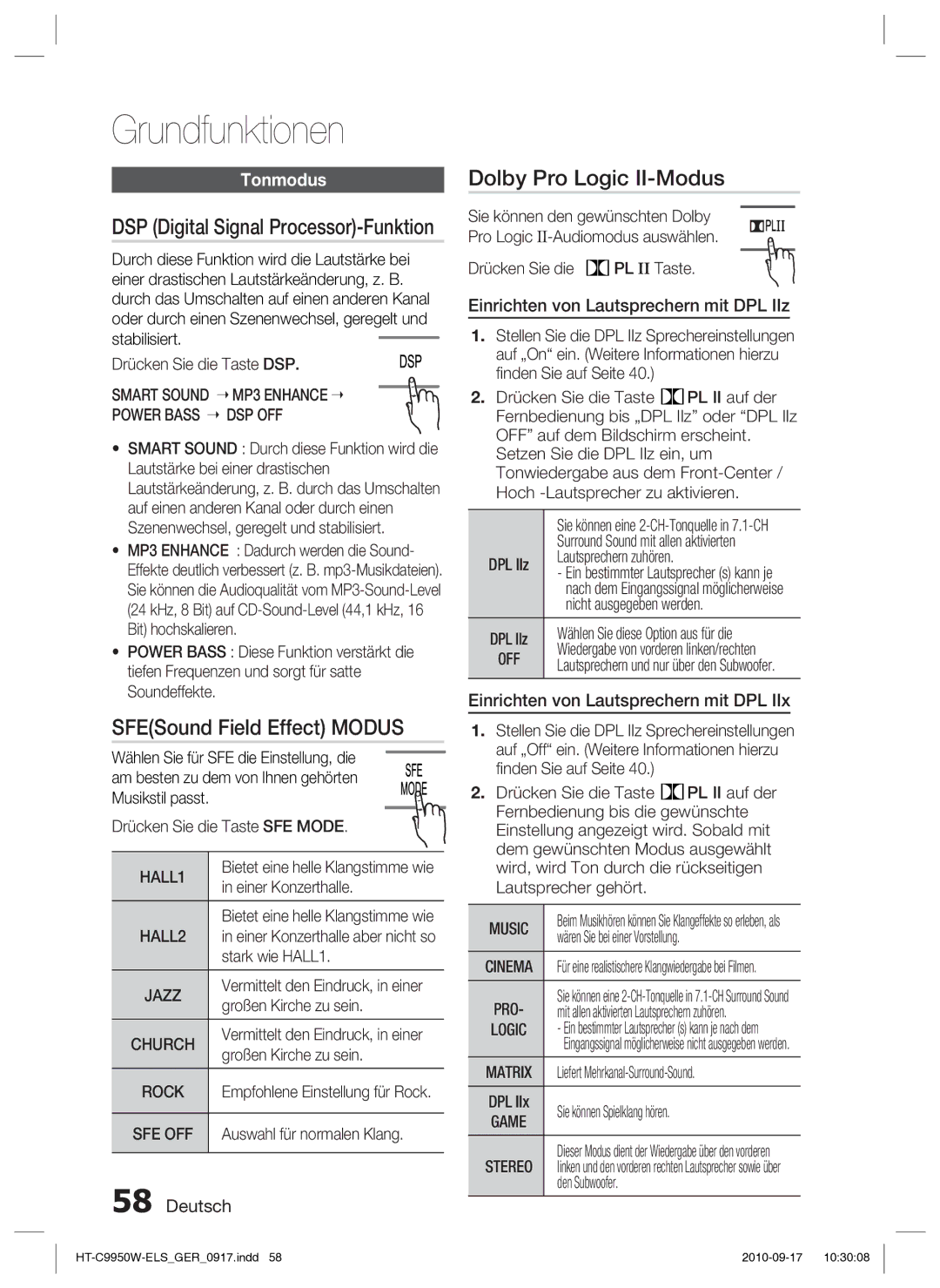 Samsung HT-C9950W/XEN manual SFESound Field Effect Modus, Dolby Pro Logic II-Modus, DSP Digital Signal Processor-Funktion 