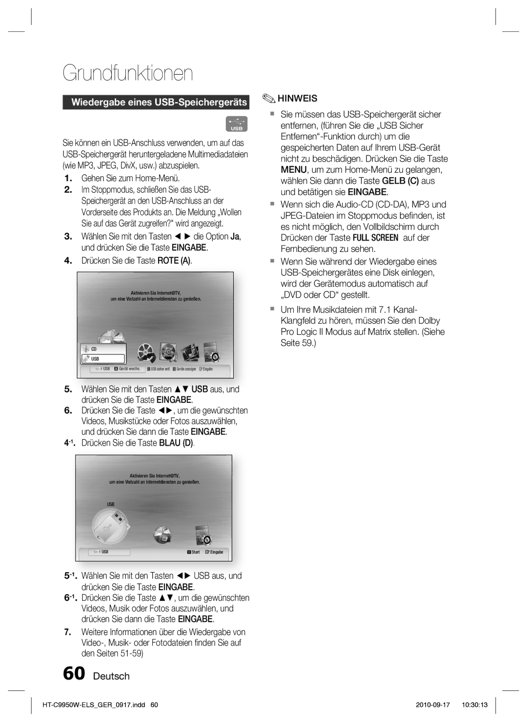 Samsung HT-C9950W/XEN manual Wiedergabe eines USB-Speichergeräts, Gehen Sie zum Home-Menü, Drücken Sie die Taste Rote a 