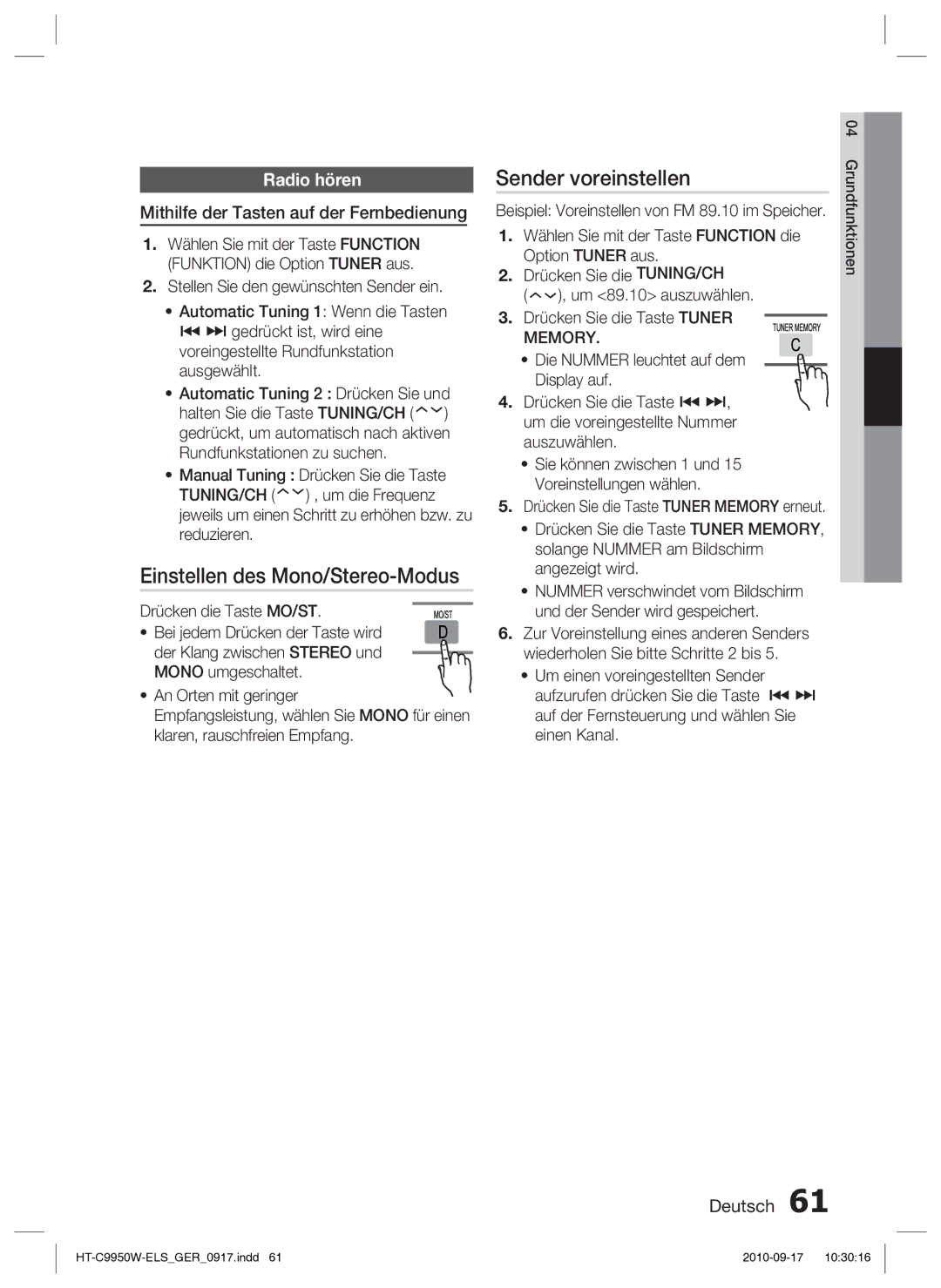 Samsung HT-C9959W/XEG, HT-C9950W/XEN manual Einstellen des Mono/Stereo-Modus, Sender voreinstellen, Radio hören, Memory 