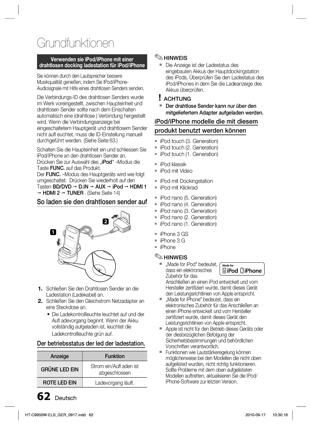 Samsung HT-C9950W/XEN manual So laden sie den drahtlosen sender auf, Verwenden sie iPod/iPhone mit einer, Grüne LED EIN 