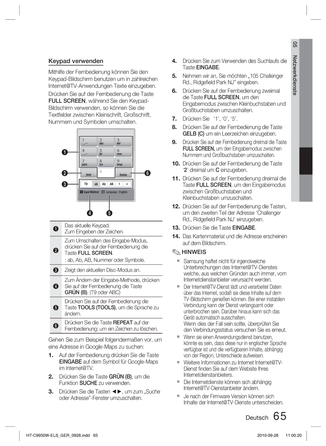 Samsung HT-C9959W/XEG, HT-C9950W/XEN manual Keypad verwenden 