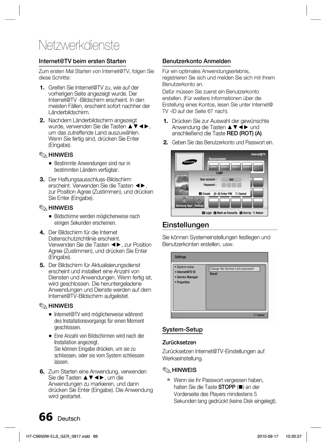 Samsung HT-C9950W/XEN manual Einstellungen, Internet@TV beim ersten Starten, Deutsch Benutzerkonto Anmelden, System-Setup 