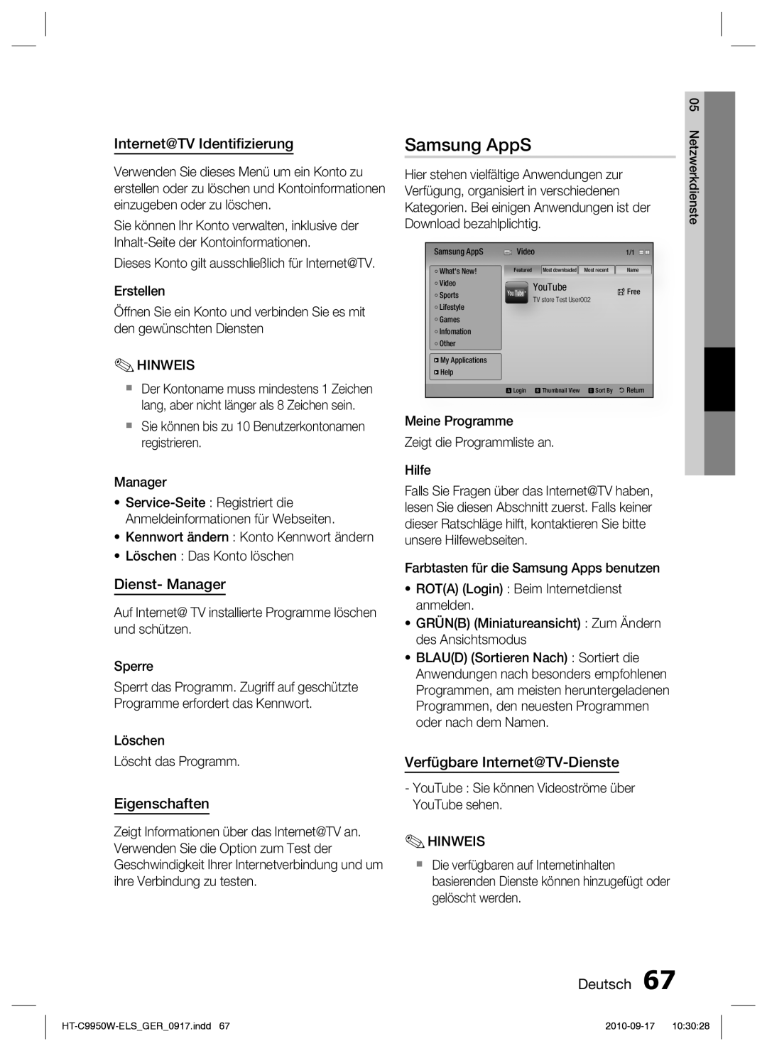 Samsung HT-C9959W/XEG, HT-C9950W/XEN manual Samsung AppS, Internet@TV Identiﬁzierung, Dienst- Manager, Eigenschaften 