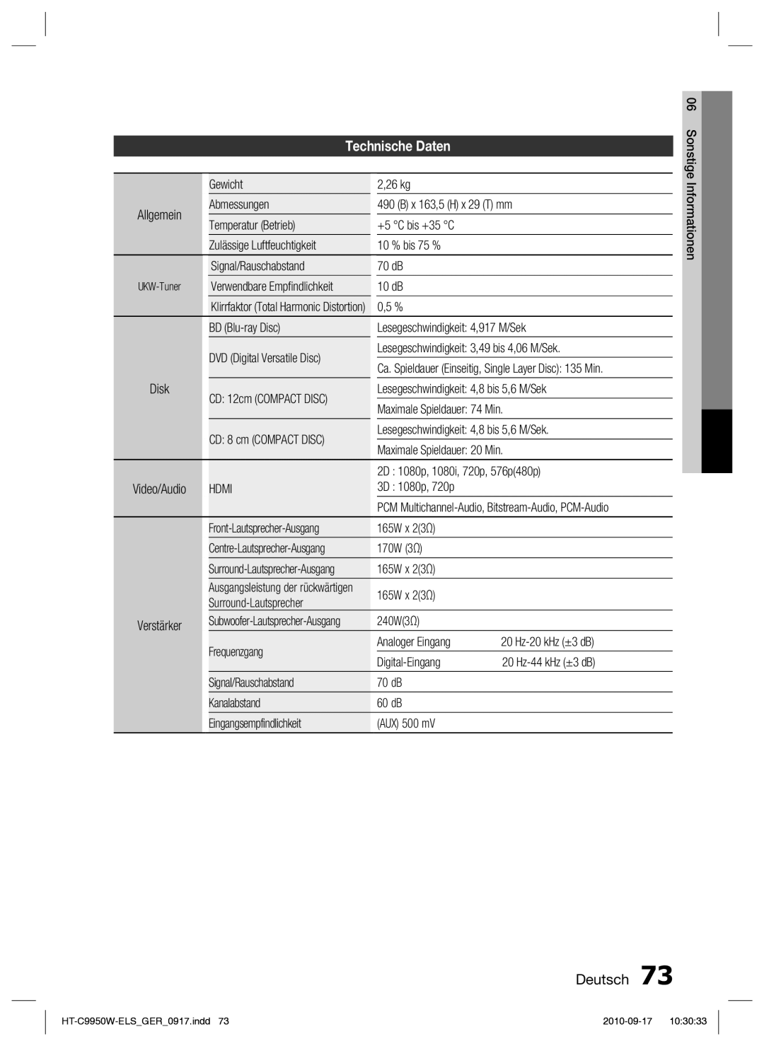 Samsung HT-C9959W/XEG, HT-C9950W/XEN manual Technische Daten 