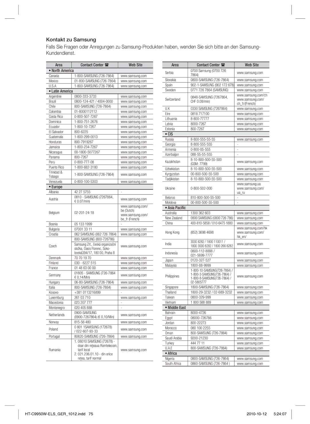 Samsung HT-C9959W/XEG Area Contact Center  Web Site ` North America, ` Latin America, ` Europe, ` Asia Paciﬁc, ` Africa 