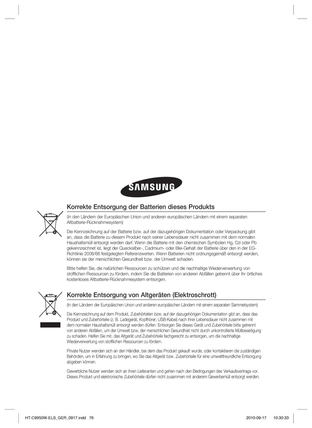 Samsung HT-C9950W/XEN Korrekte Entsorgung der Batterien dieses Produkts, Korrekte Entsorgung von Altgeräten Elektroschrott 