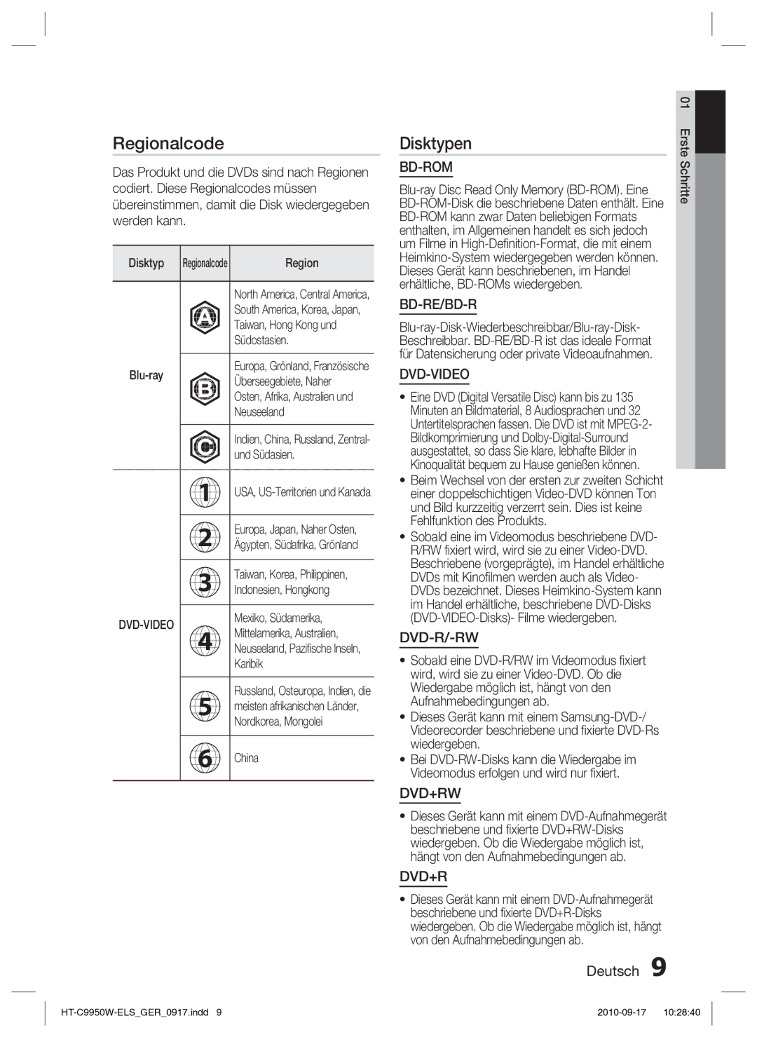 Samsung HT-C9959W/XEG, HT-C9950W/XEN manual Regionalcode, Disktypen 