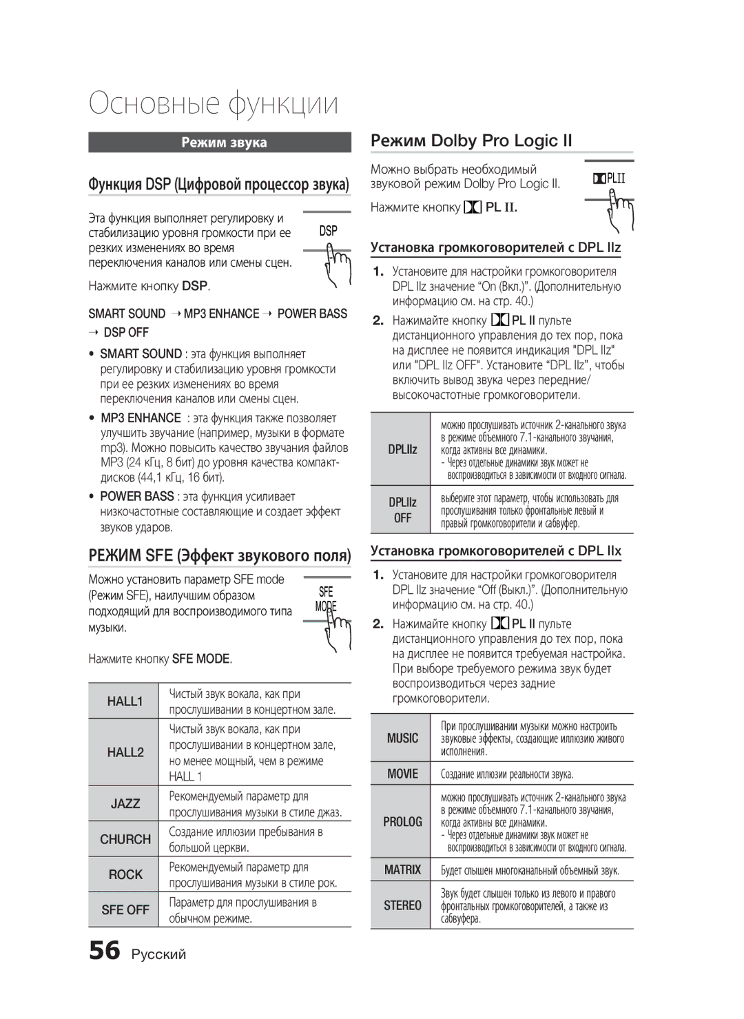 Samsung HT-C9950W/XER manual Режим Dolby Pro Logic, Режим звука, Установка громкоговорителей с DPL IIz 