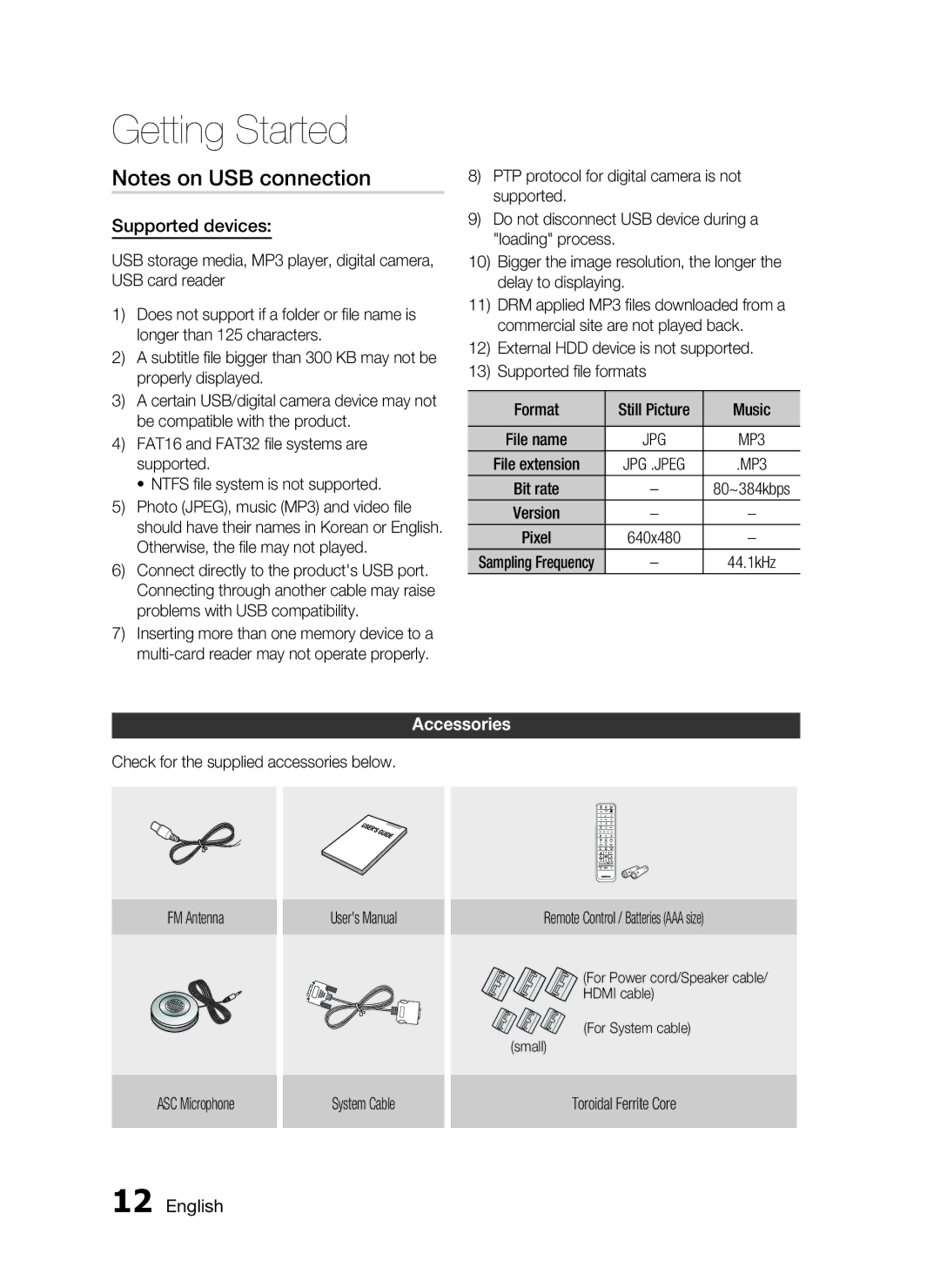 Samsung HT-C9950W/XER manual Supported devices, Accessories, Toroidal Ferrite Core 