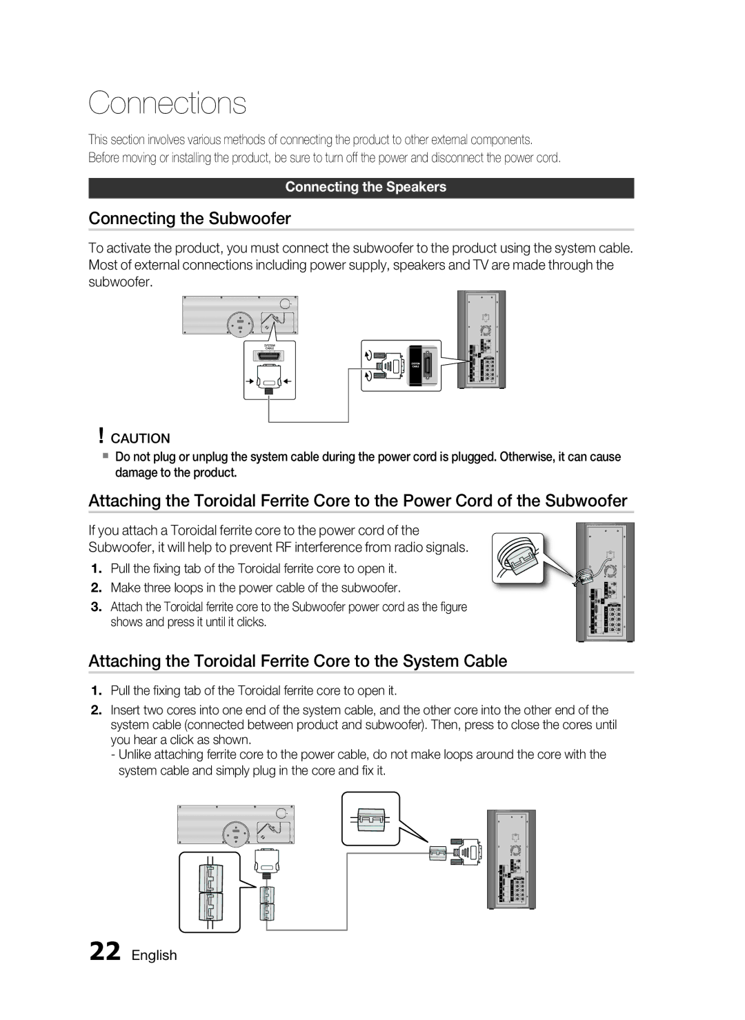 Samsung HT-C9950W/XER manual Connections, Connecting the Subwoofer, Attaching the Toroidal Ferrite Core to the System Cable 