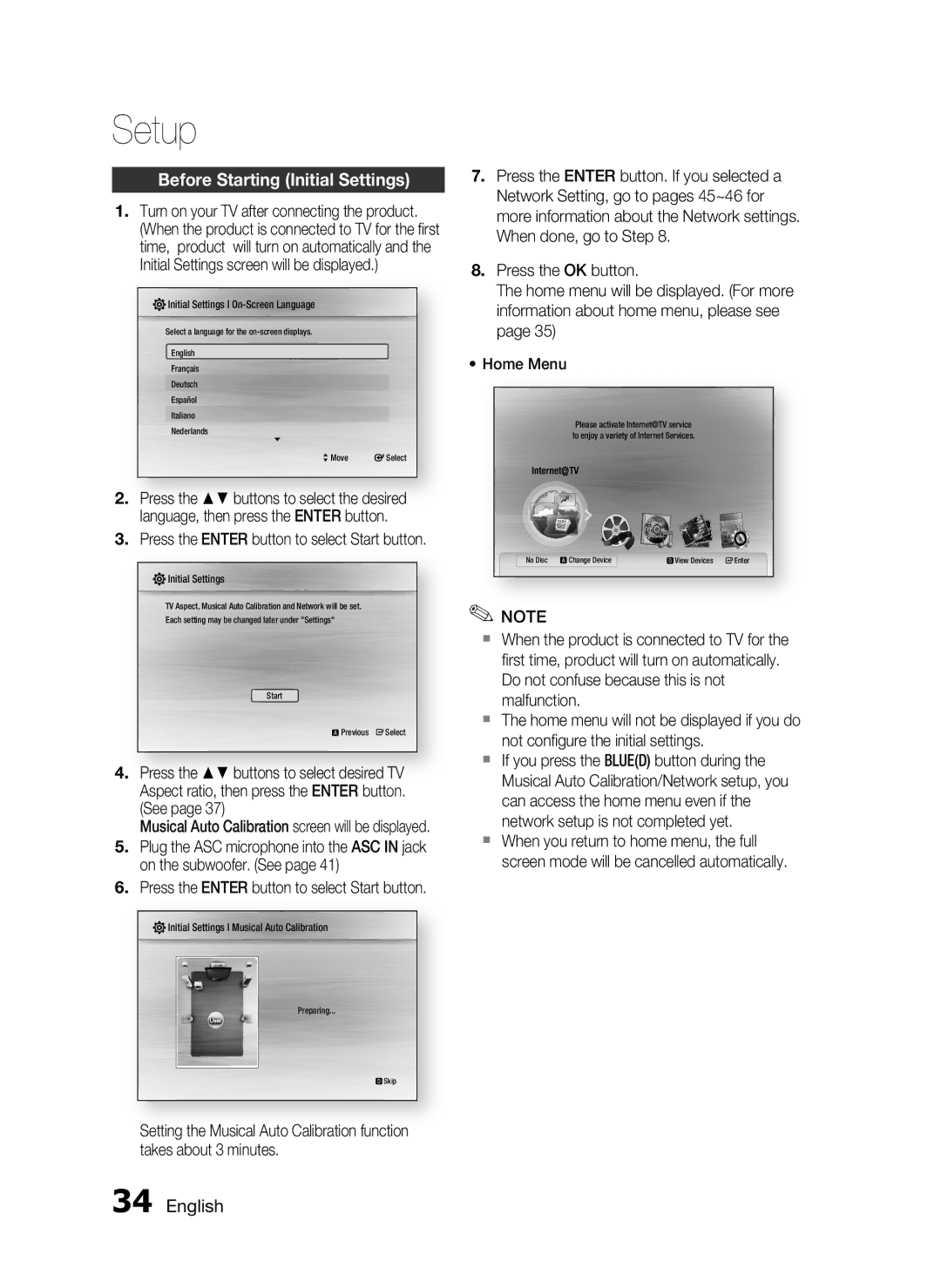 Samsung HT-C9950W/XER manual Setup, Before Starting Initial Settings, Press the Enter button to select Start button 